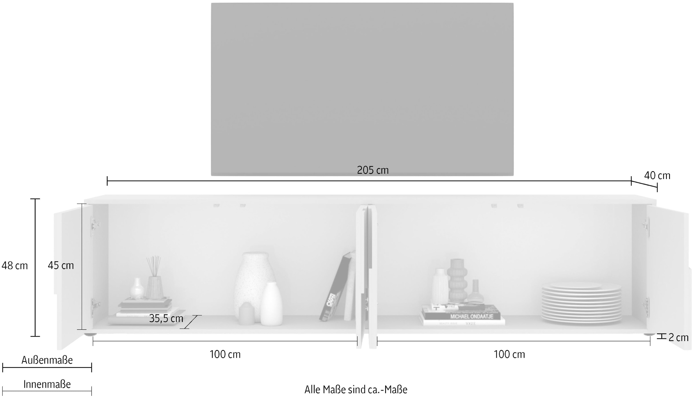 INOSIGN Lowboard »Stone, 205 cm breit, 4 Türen, TV-Schrank, TV-Kommode, Medienboard« 3D-Design, Push-to-open, Innenraum großzügig, Füße 14/2 cm wählbar