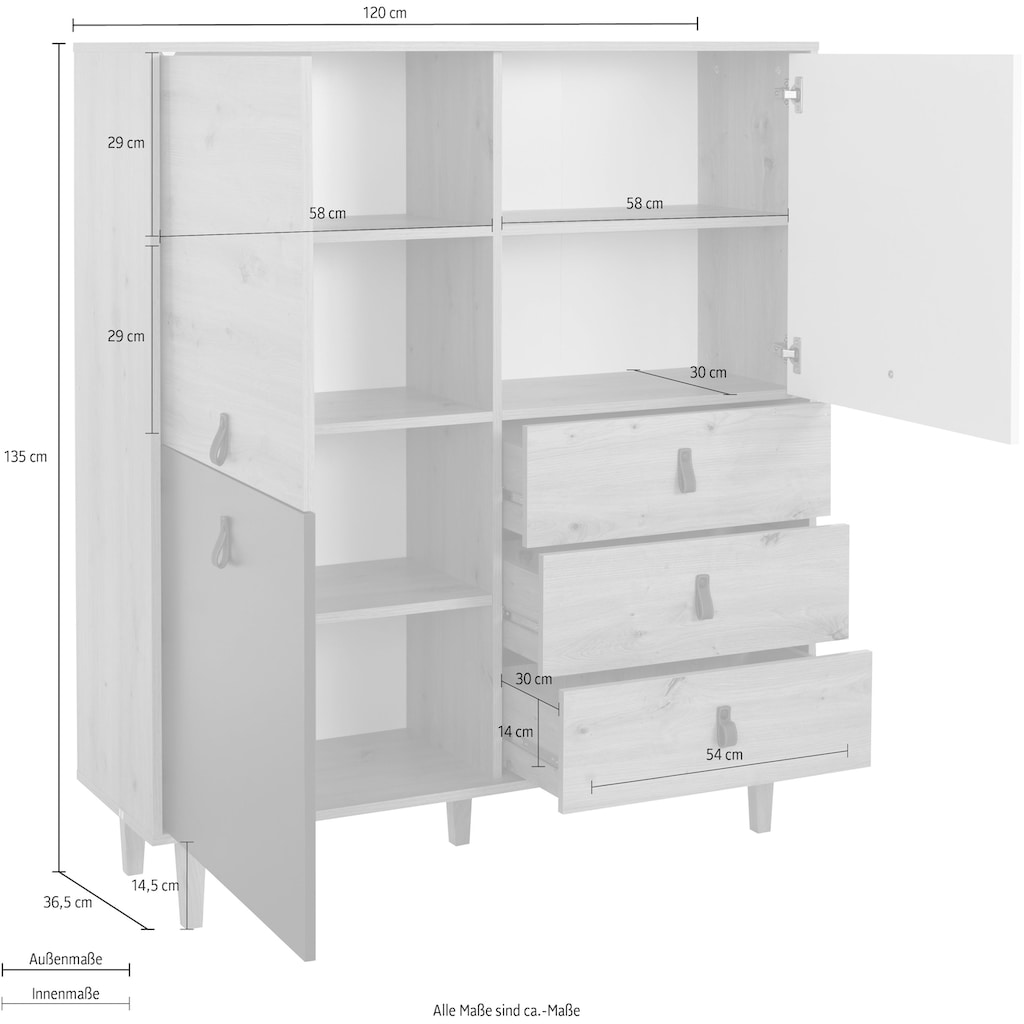 Homexperts Highboard »Bristol«, Breite 120 cm, Höhe 135 cm, mit massiven Eichefüßen