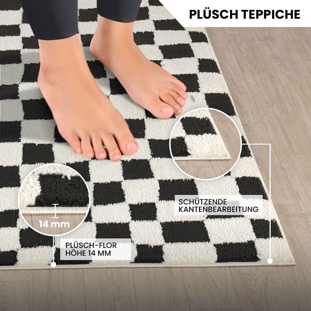 Thumbnail - Livabliss Teppich "GIJON" rechteckig 14 mm Höhe Skandinavischer Teppich mit Karomuster, Kurzflor Wohnzimmerteppich