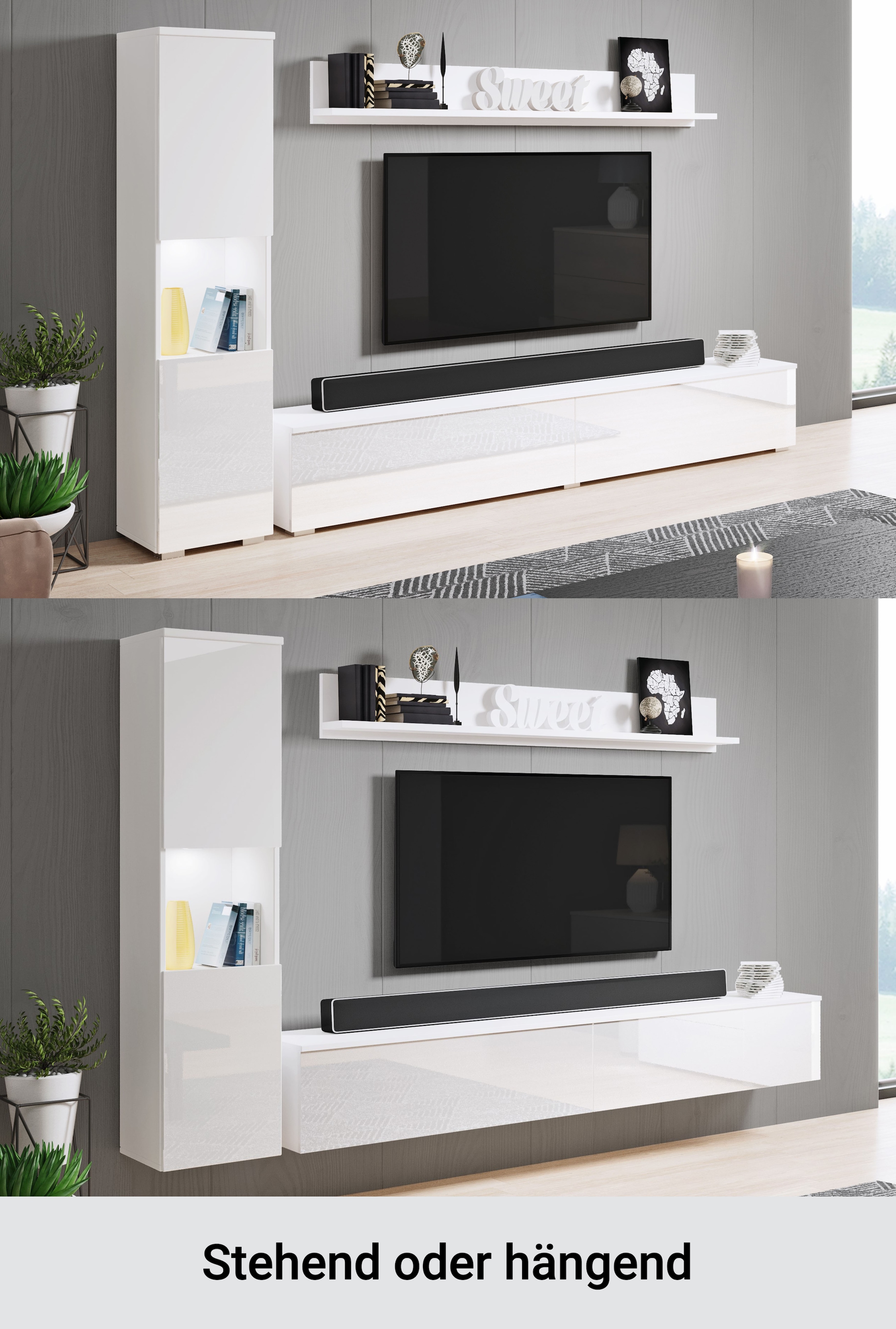 INOSIGN Wohnwand »PARIS, Vitrine Türanschlag links/rechts wechselbar« Komplett-Set, 3 Stk. tlg. grifflose Design, stehend und hängend montierbar