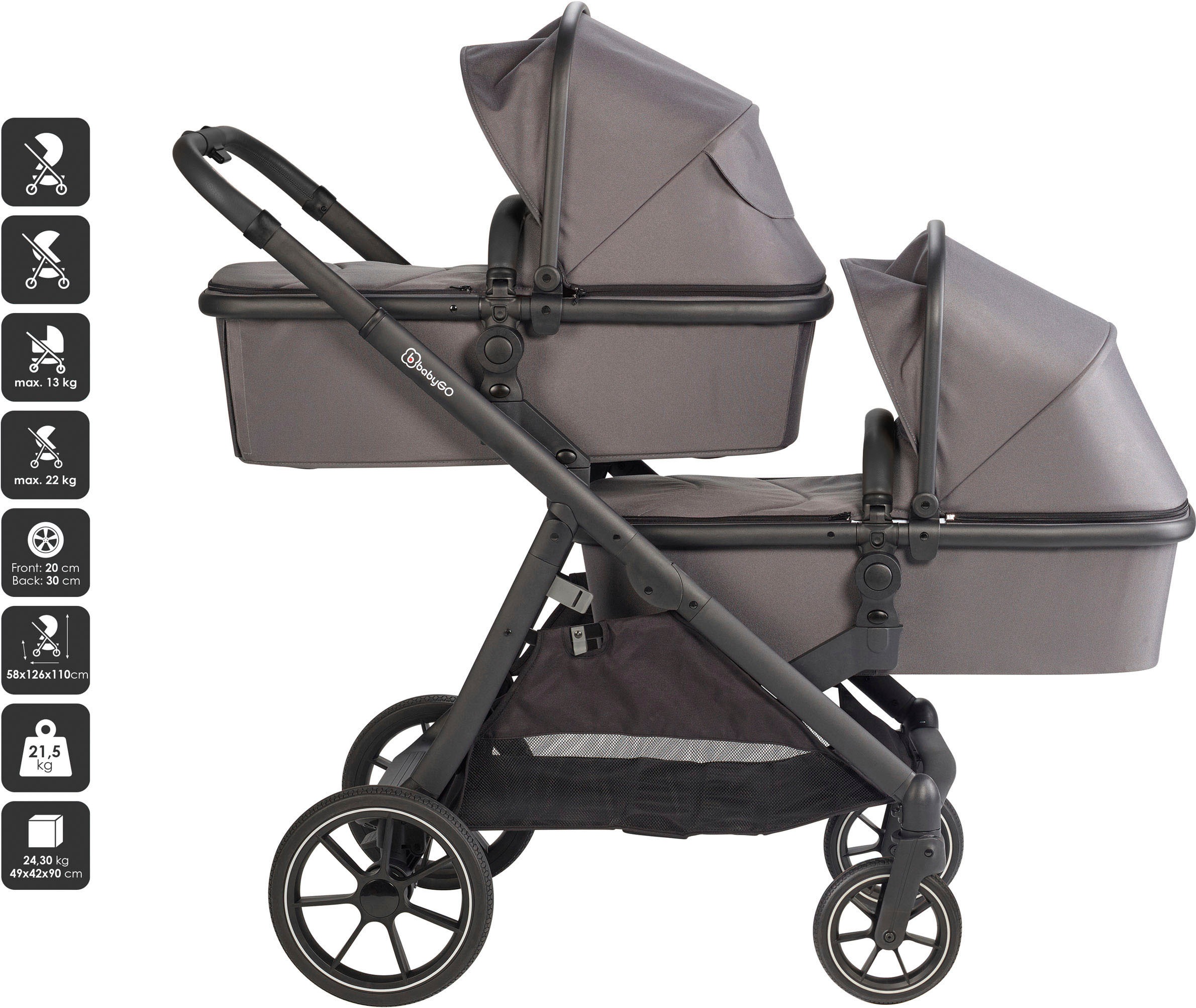 BabyGo Zwillings-Kombikinderwagen »Duo Mega Set, grau«, inkl. 2 Babyschalen mit Adapter, Wickeltasche u. 2 Regenhauben