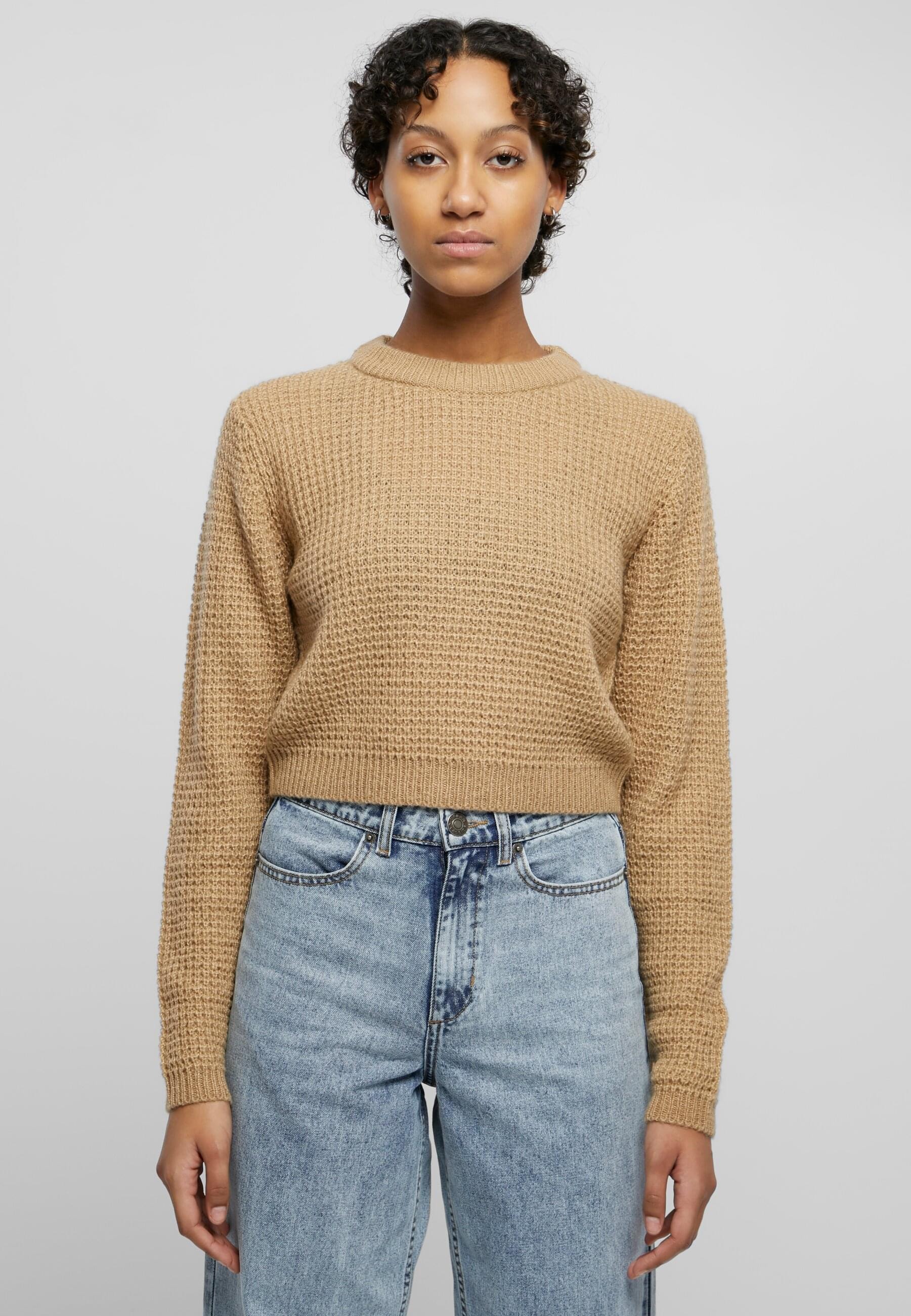 URBAN CLASSICS Rundhalspullover »Urban Classics Damen Ladies Short Waffle Sweater«, (1 tlg.)