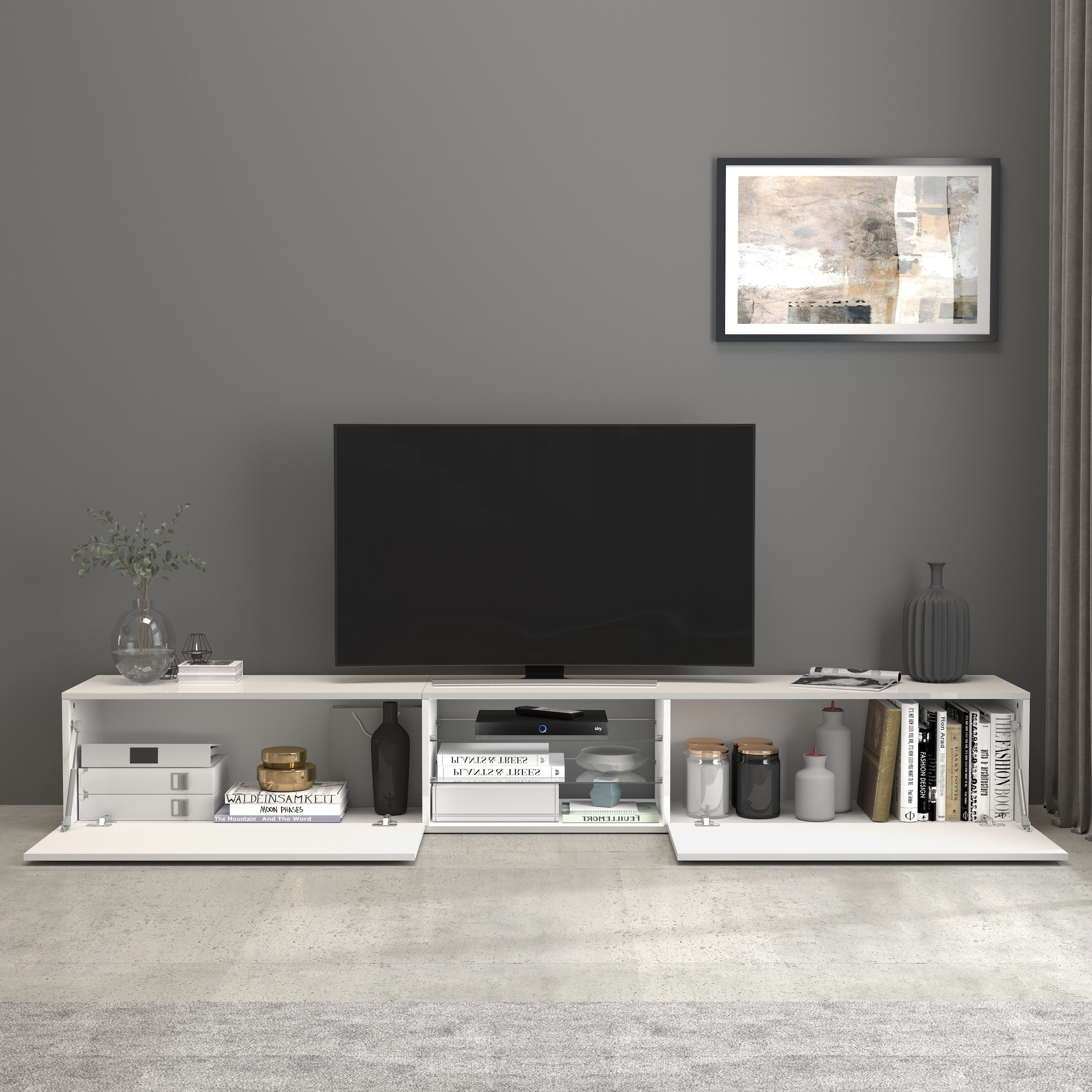 INOSIGN Lowboard »Egypt,Lowboard,TV-Kommode,TV-Möbel,TV-Bank«, mit 2 Klappen, 2 Glasböden,kompl. Hochgl. lackiert (B/T/H)240x38x35 cm