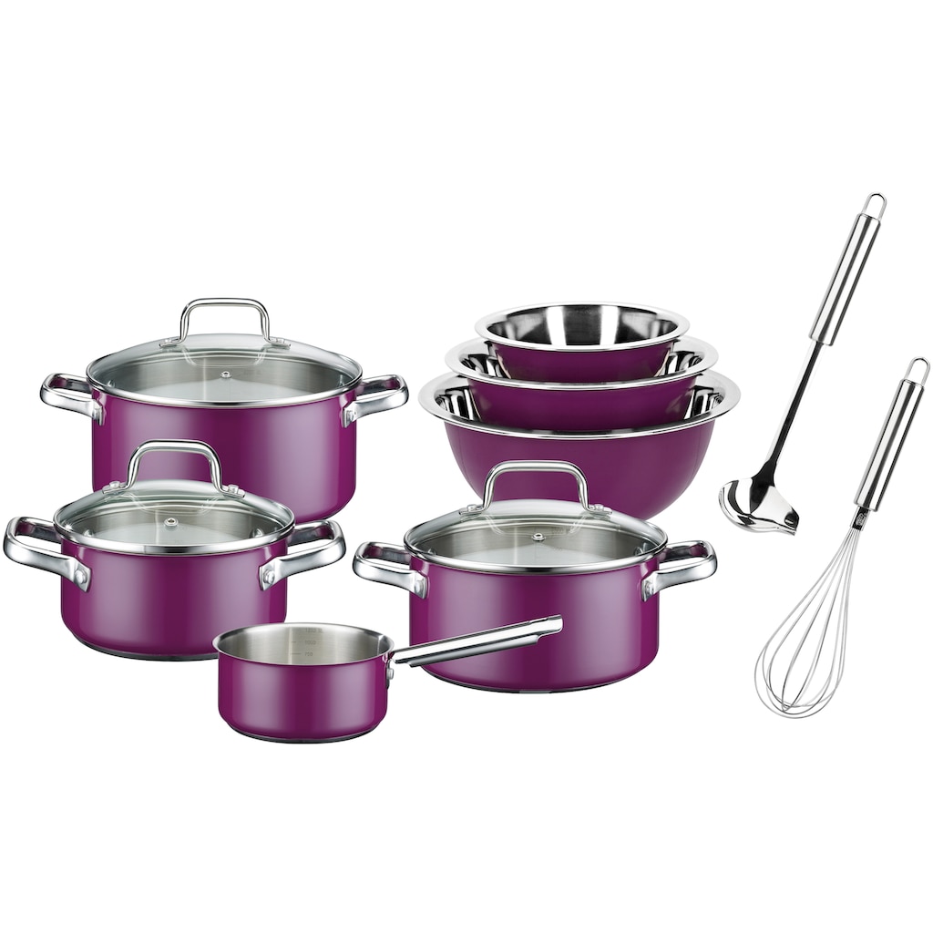 GSW Topf-Set »Magic Color«, Edelstahl 18/8, (Set, 12 tlg., je 1 Kochtopf 16/20/24 cm, 1x Stielkasserolle 16 cm, 3 Schüsseln)