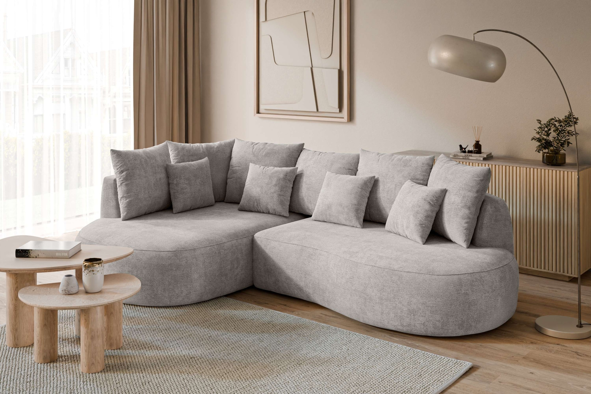 homsy by Ana Johnson Ecksofa "PEBBLA L-Form mit vielen Kissen, modernes Design, Bezug- Struktur" Breite 267 cm, Design-Sofa mit Ottomane recht/links bestellbar