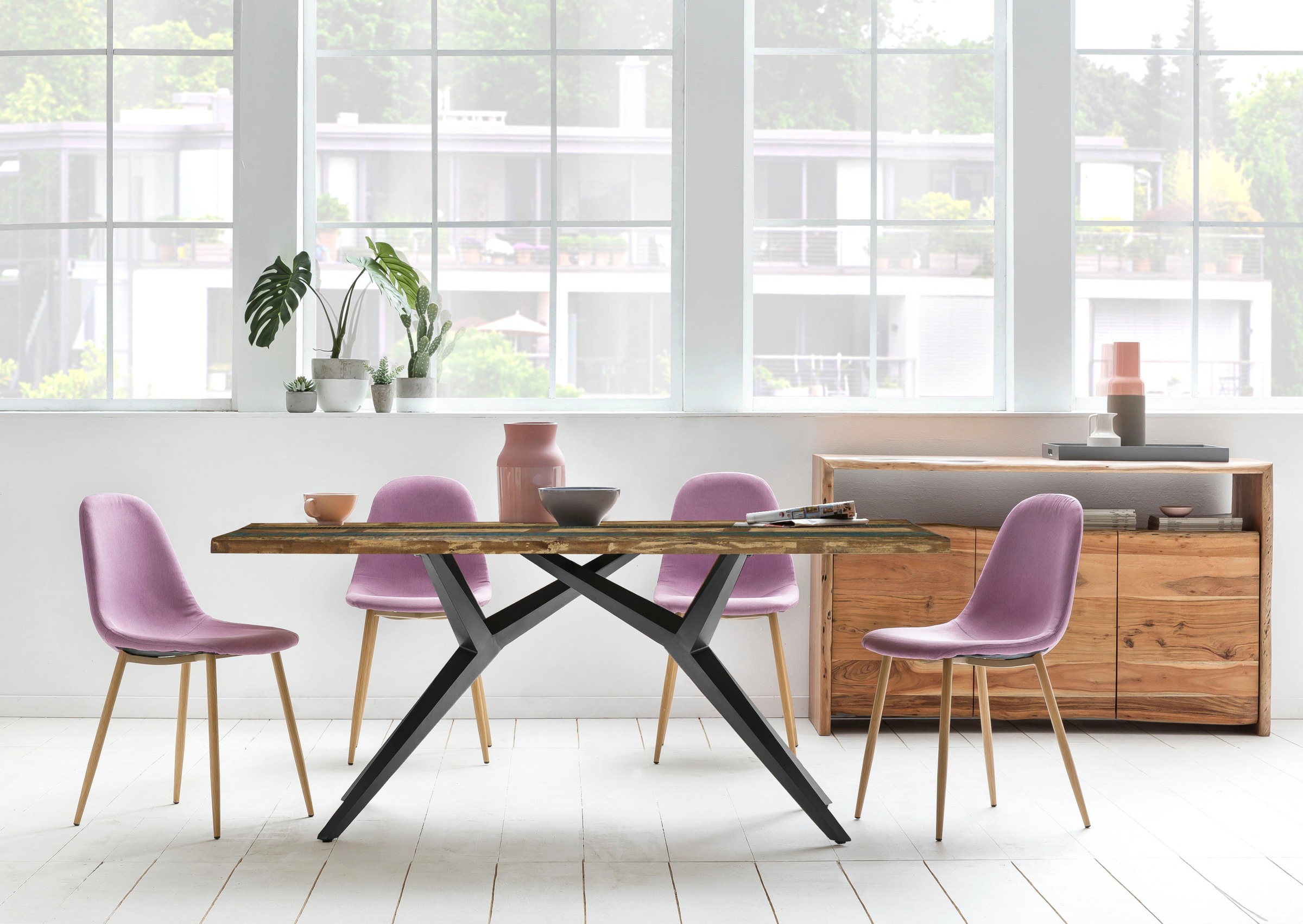 Esstisch SIT, bunt (bunt, antikschwarz, antikschwarz, bunt), B:160cm H:73cm T:85cm, Platte Altholz lackiert, Gestell Metall, Tische, Esstisch, Platte Altholz lackiert 3