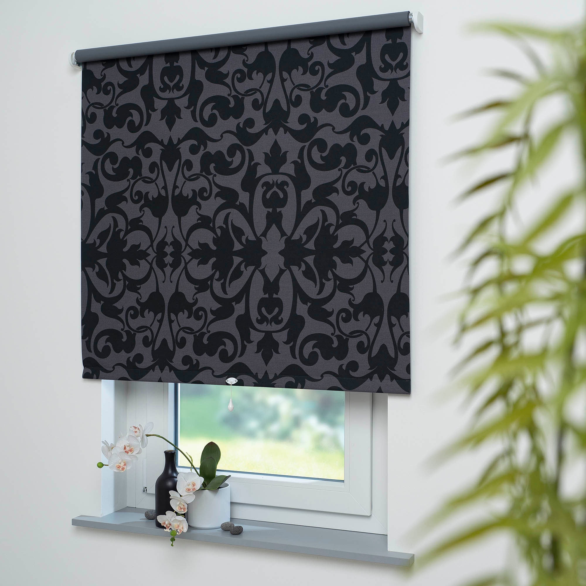 Springrollo LIEDECO, B:92cm H:180cm, grau, Kunststoff, Metall, Polyester, Rollos, "Springrollo mit Dekor, lichtdurchlässig, Ornament, Liedeco",