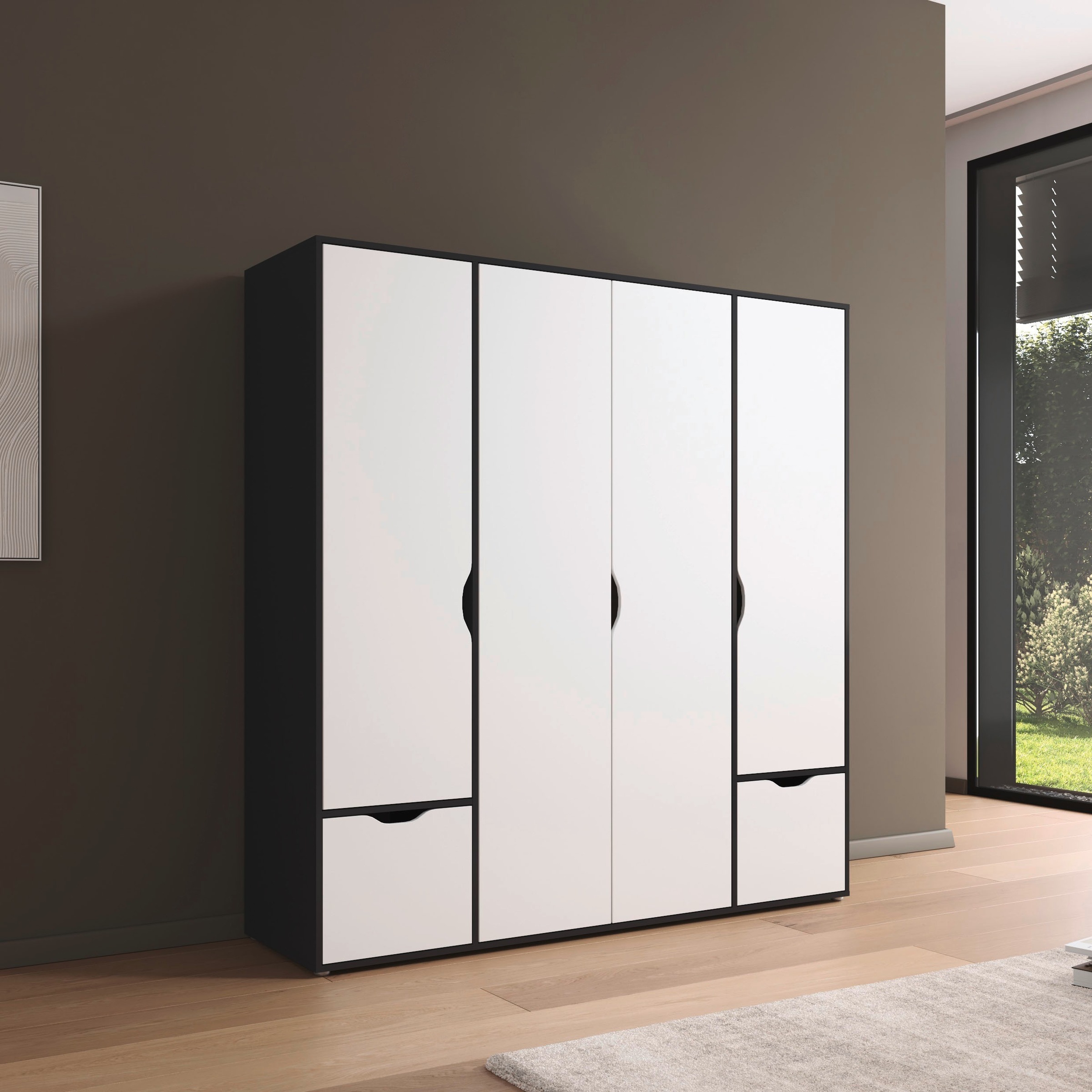 rauch Drehtürenschrank »Kleiderschrank Schrank Garderobe Wäscheschrank NARAI mit Schubladen«, (in 3 verschiedenen Ausstattungen BASIC/CLASSIC/PREMIUM), Griffausfräsungen für eine grifflose Optik TOPSELLER MADE IN GERMANY
