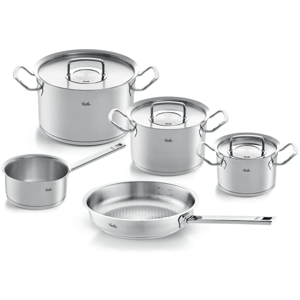 Fissler Topf-Set »ORIGINAL-PROFI COLLECTION® Edelstahl-Topfset«, Edelstahl 18/10, (8 tlg., je 1 Kochtopf 16/20/24 cm, Stielkasserolle 16 cm, Pfanne 24 cm), mit breitem Schüttrand, Kaltmetallgriffen. Made in Germany, Induktion