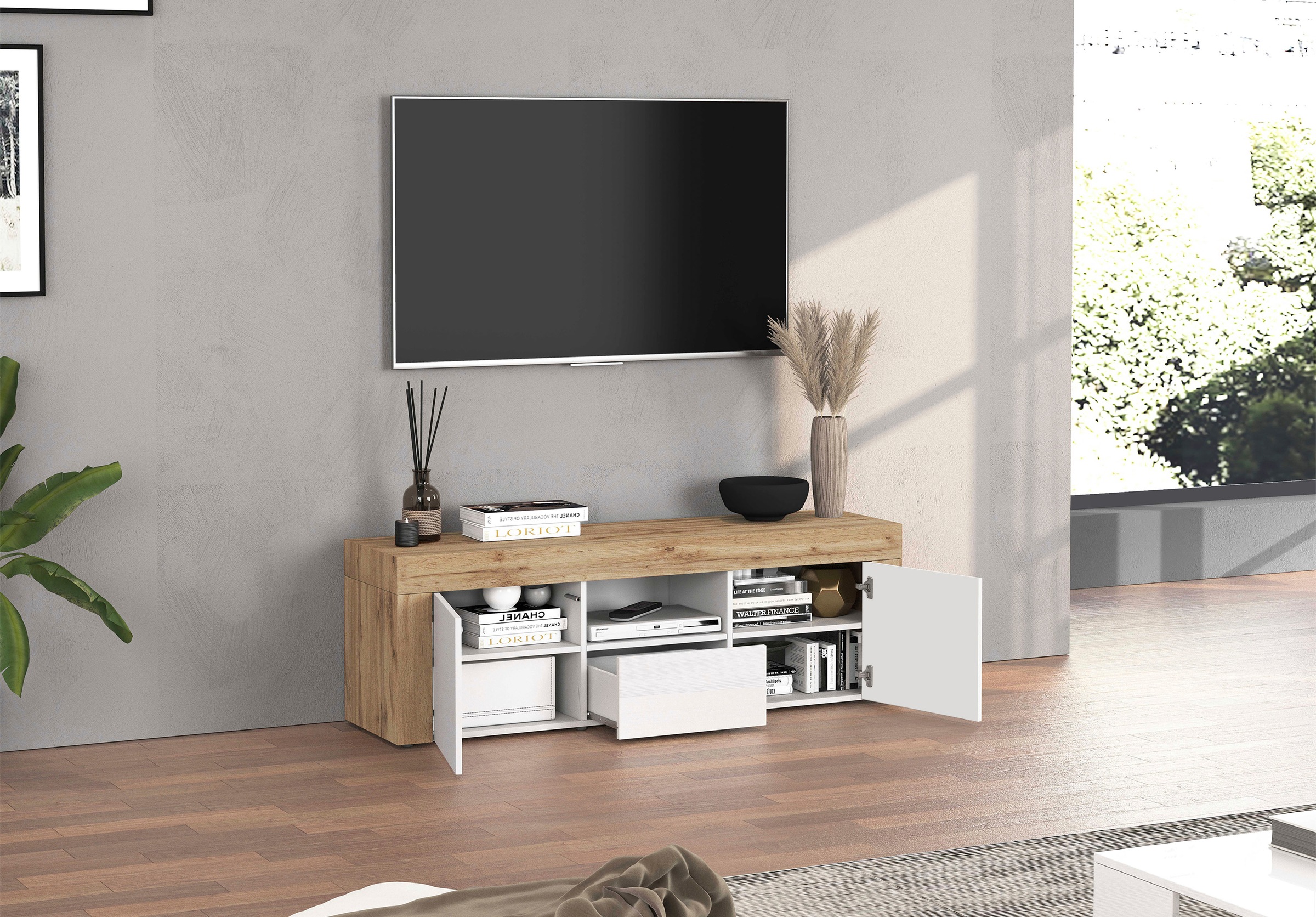 INOSIGN Lowboard »CHRONOS Breite 155 cm mit 2 Türen, 1 Schublade,1 offenes Fach«, (1 St.), TV-Board, Sideboard niedrig, Grifflos mit Push to Open 'Made in Italy'