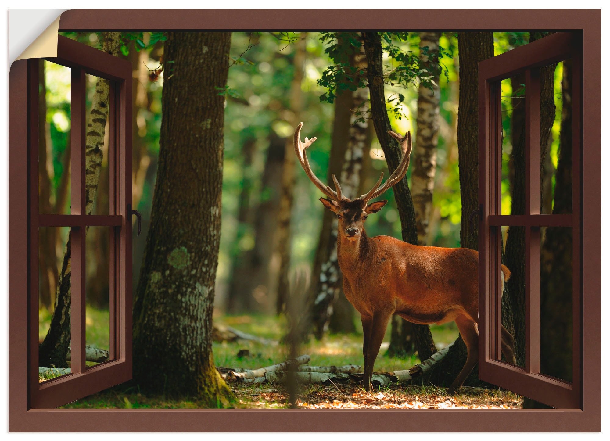 Artland Wandbild Größen versch. | Wandaufkleber - St.), BAUR als Fensterblick, oder (1 in bestellen Hirsch Leinwandbild, »Fensterblick 4 - Wald«, Poster