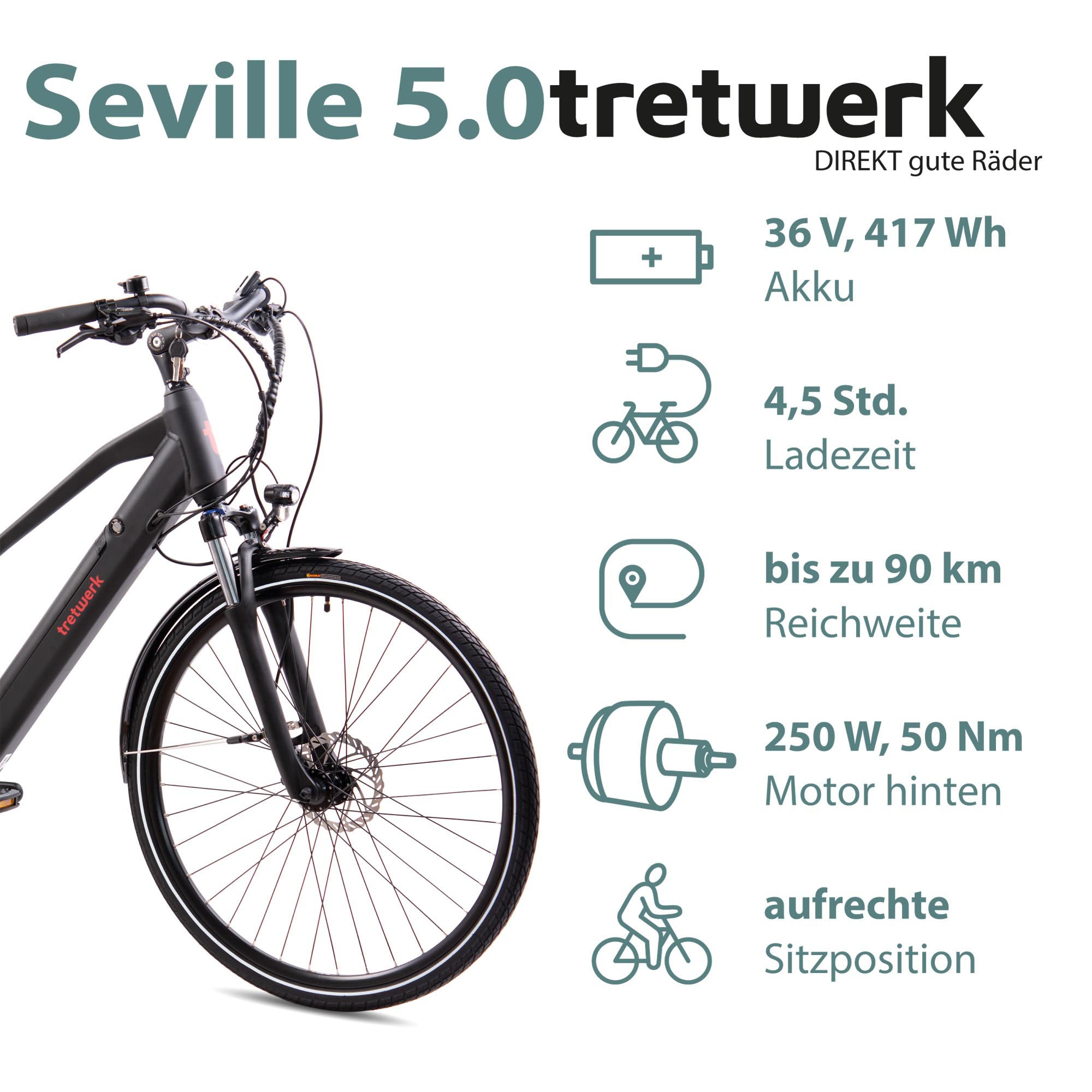 Tretwerk E-Bike »Seville 5.0«, 24 Gang, Shimano, Heckmotor 250 W, Pedelec, Elektrofahrrad für Damen u. Herren