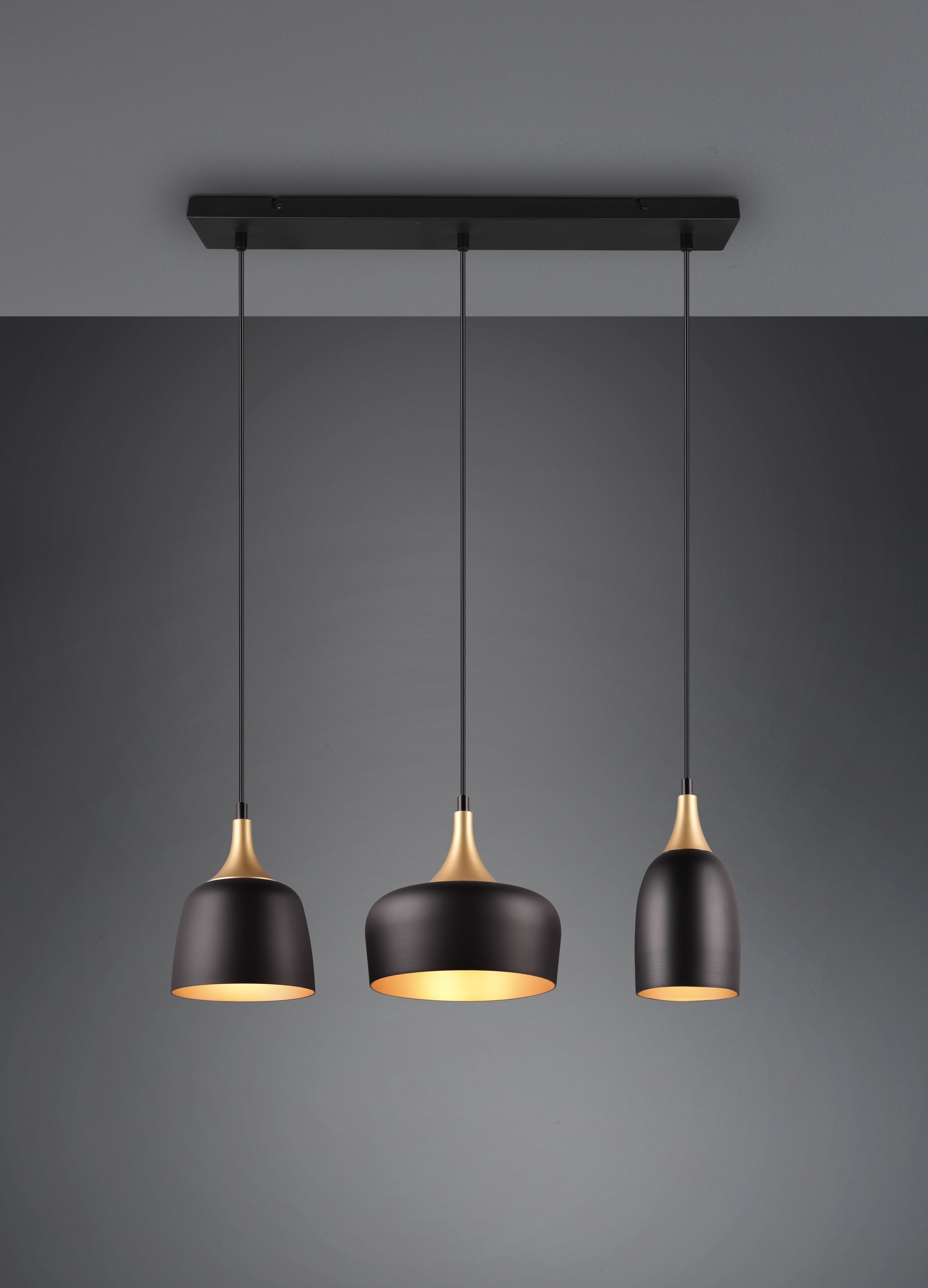 TRIO Leuchten Pendelleuchte »CHIRAZ, Hängeleuchte 3-flammig schwarz messing gold max 150cm Höhe« E14 1 Stk. warmweiß - kaltweiß Hängelampe exkl 3x E14 max 25W, Industrie Loft Stil 3 Schirmformen