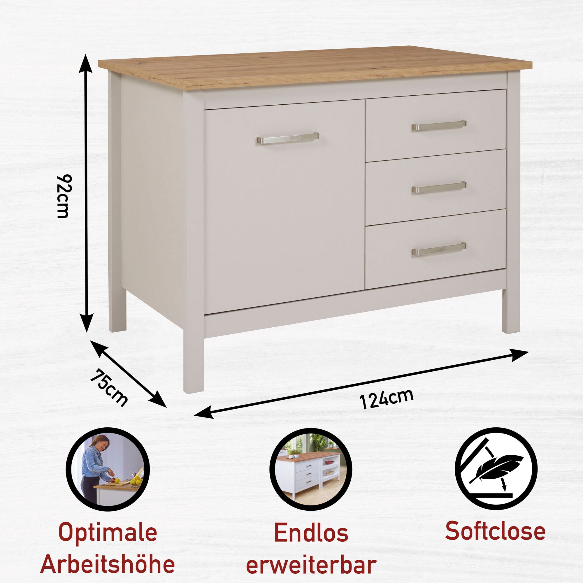 Inter Link Bartisch »Pienza, multifunktional für Küche & Essbereich, Kaschmir, Skandi Look« 1 Stk. tlg. Kücheninsel mit Soft-Close, Platz für 2 Hocker, 124x75x91 cm