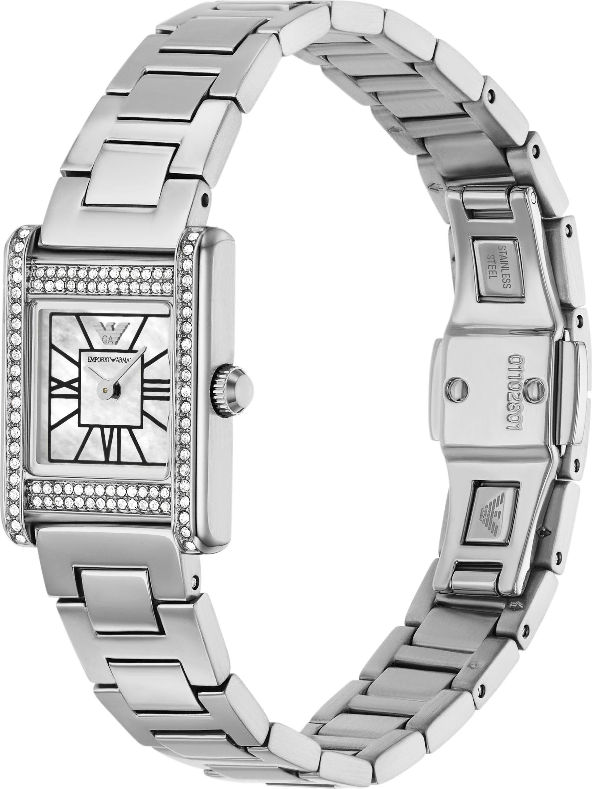 Emporio Armani Quarzuhr, Armbanduhr, Damenuhr, Edelstahlarmband, analog, Glassteine