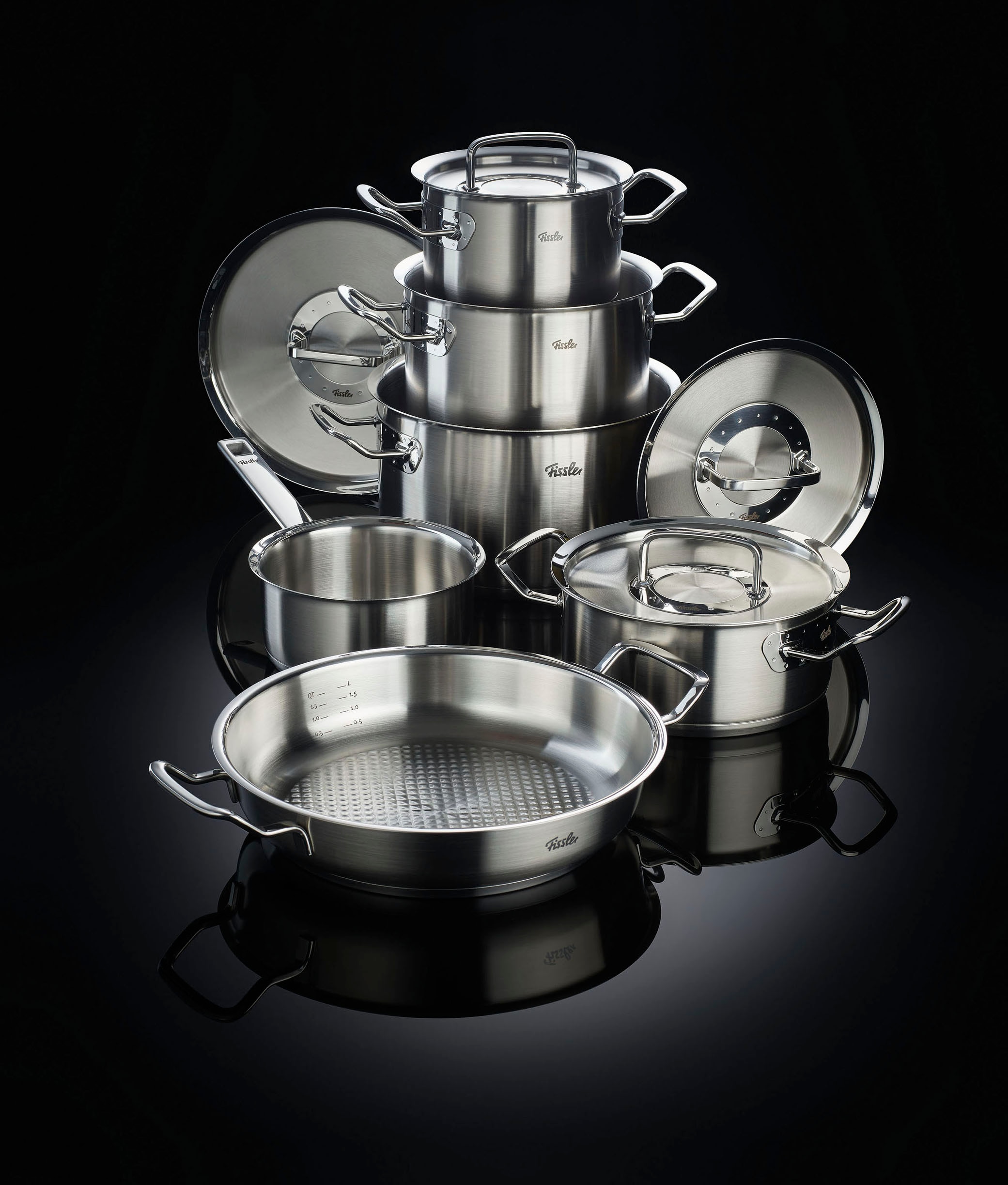 Fissler Topf-Set »Original-Profi Collection«, Edelstahl 18/10, (Set, 6 tlg., Kochtopf 16/20/24cm, Bratentopf 20cm, Kasserolle 16cm, Pfanne 28cm), induktionsgeeignet, Metalldeckelausführung, Made in Germany