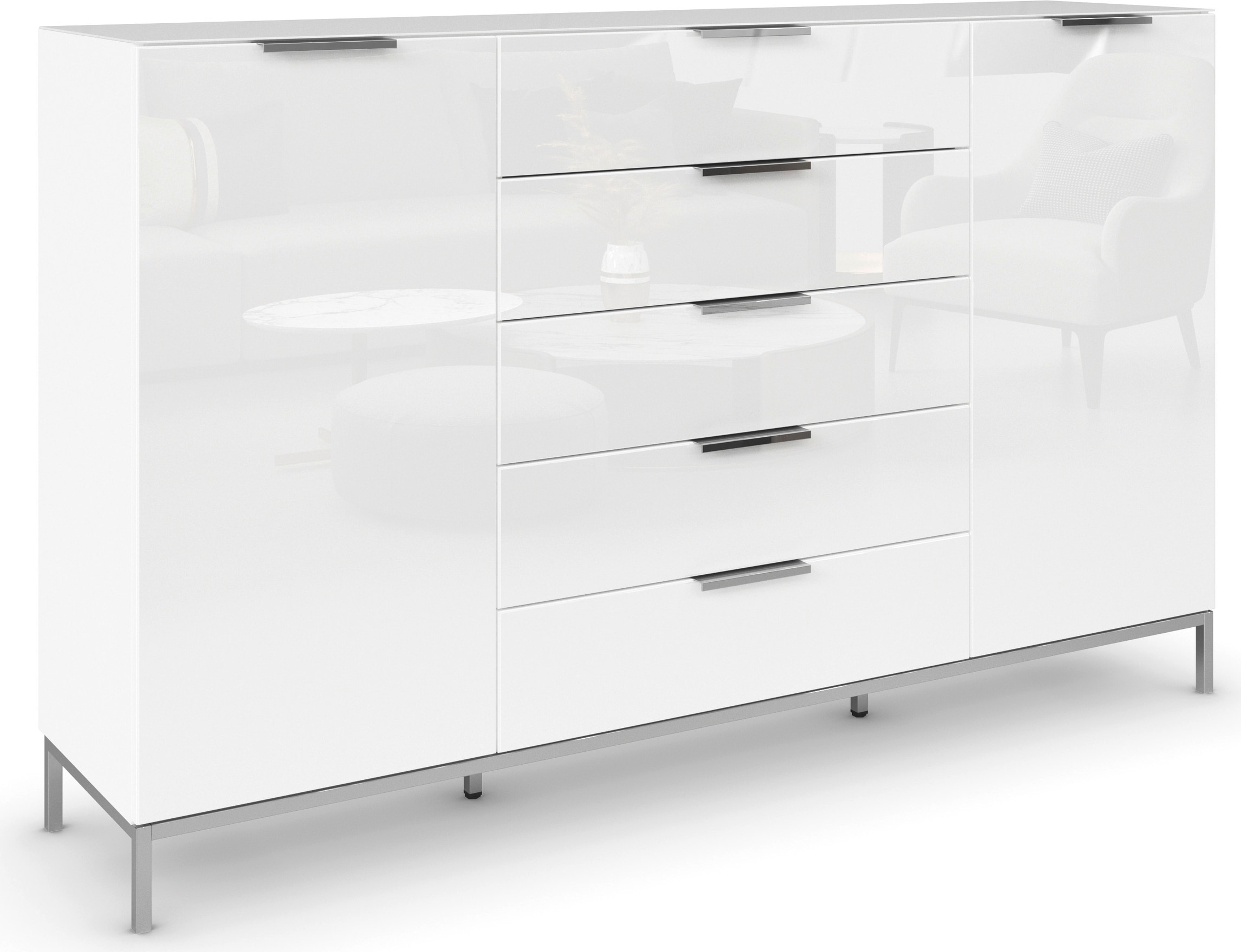 rauch "Kommode Türkommode Sideboard Kombikommode FLIPP mit Glasfront" Breite 160/180 cm mit 4 Einlegeböden, 2-türig, 5 Schubladen, Soft-Close, Oberboden und Front Glas, 2 Breiten