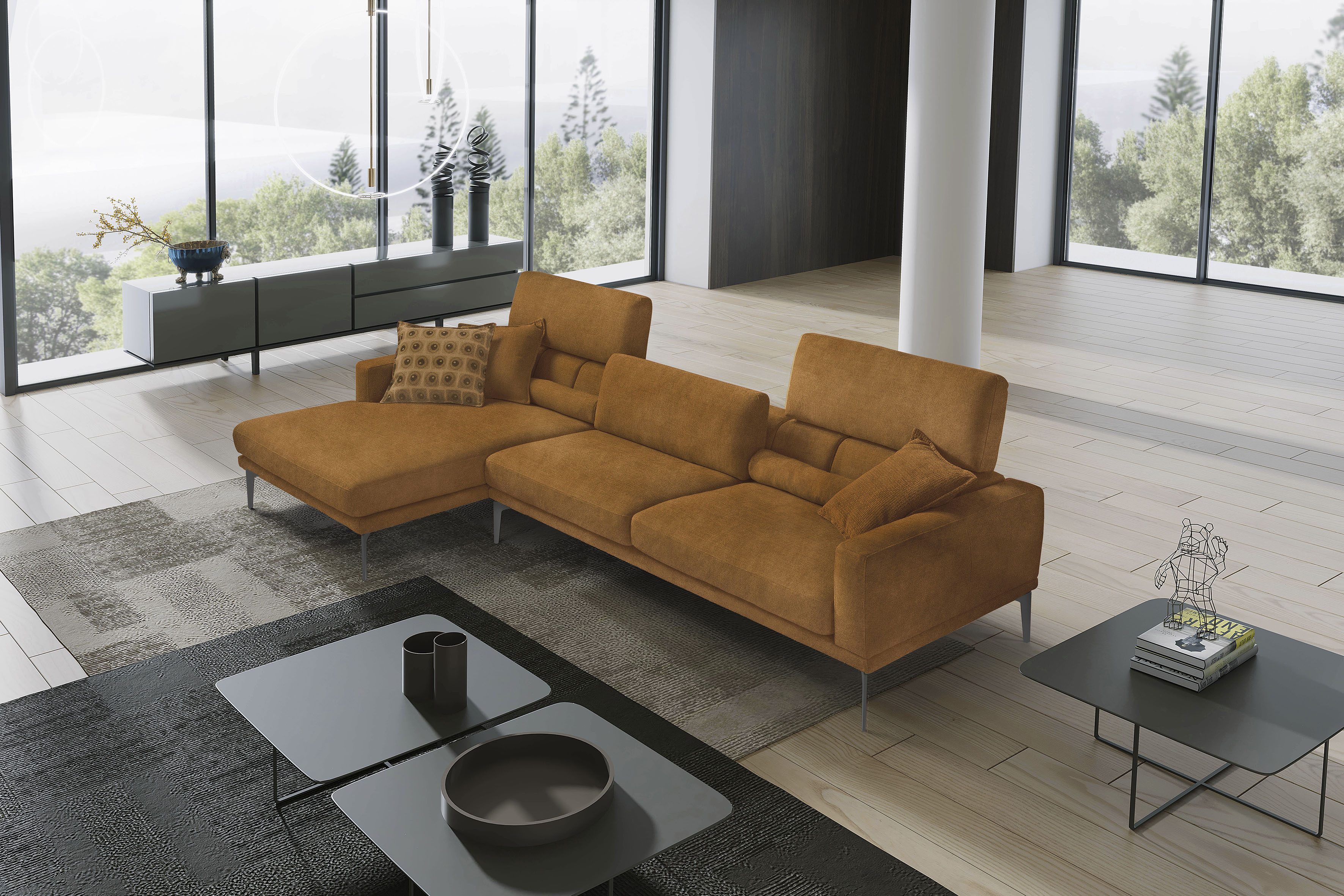 Egoitaliano Ecksofa "Masu, Design trifft sensationellen Sitzkomfort, Breite 277cm, L-Form" inkl. 2 Kissenrollen, Rückenelemente manuell verstellbar, Metallfüße