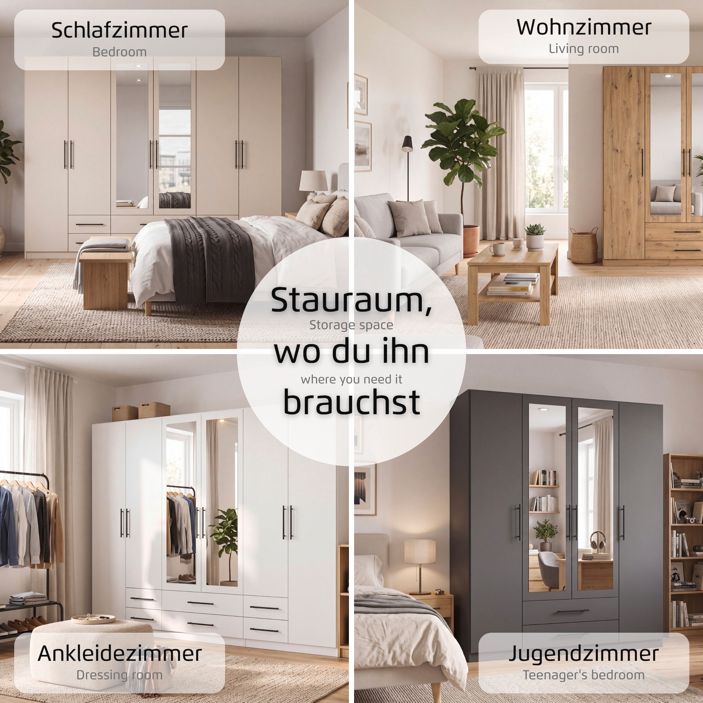 rauch Kleiderschrank »Mehrzweckschrank Schrank Garderobe Wäscheschrank Schlafzimmer GAMMA« 3 verschiedene Ausstattungen BASIC/CLASSIC/PREMIUM (inkl. SOFT-CLOSE),  Graumetallic, 181 cm, 2 Schubladen, Griff Schwarz MADE IN GERMANY
