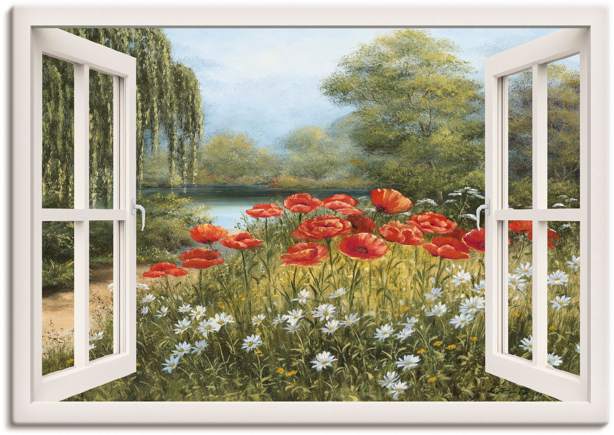 Artland Wandbild "Fensterblick Mohnwiese", Fensterblick, (1 St.), als Leinwandbild, Poster in verschied. Größen