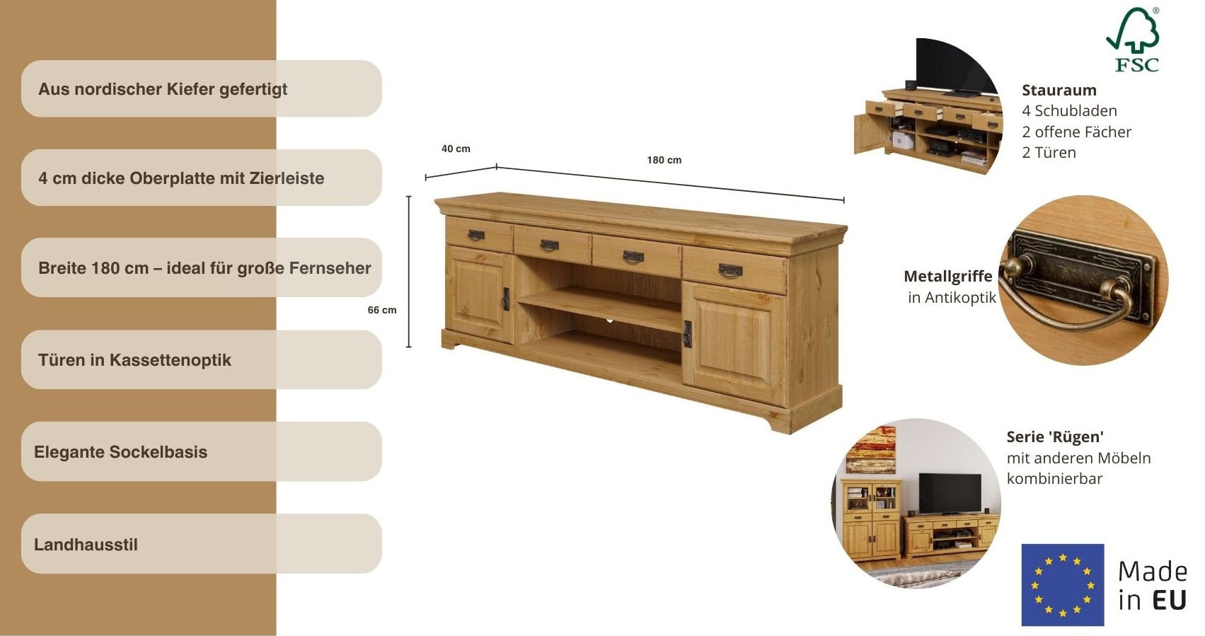 Home affaire TV-Board »Rügen«, zertifiziertes Massivholz, Breite 180 cm, im Landhausstil