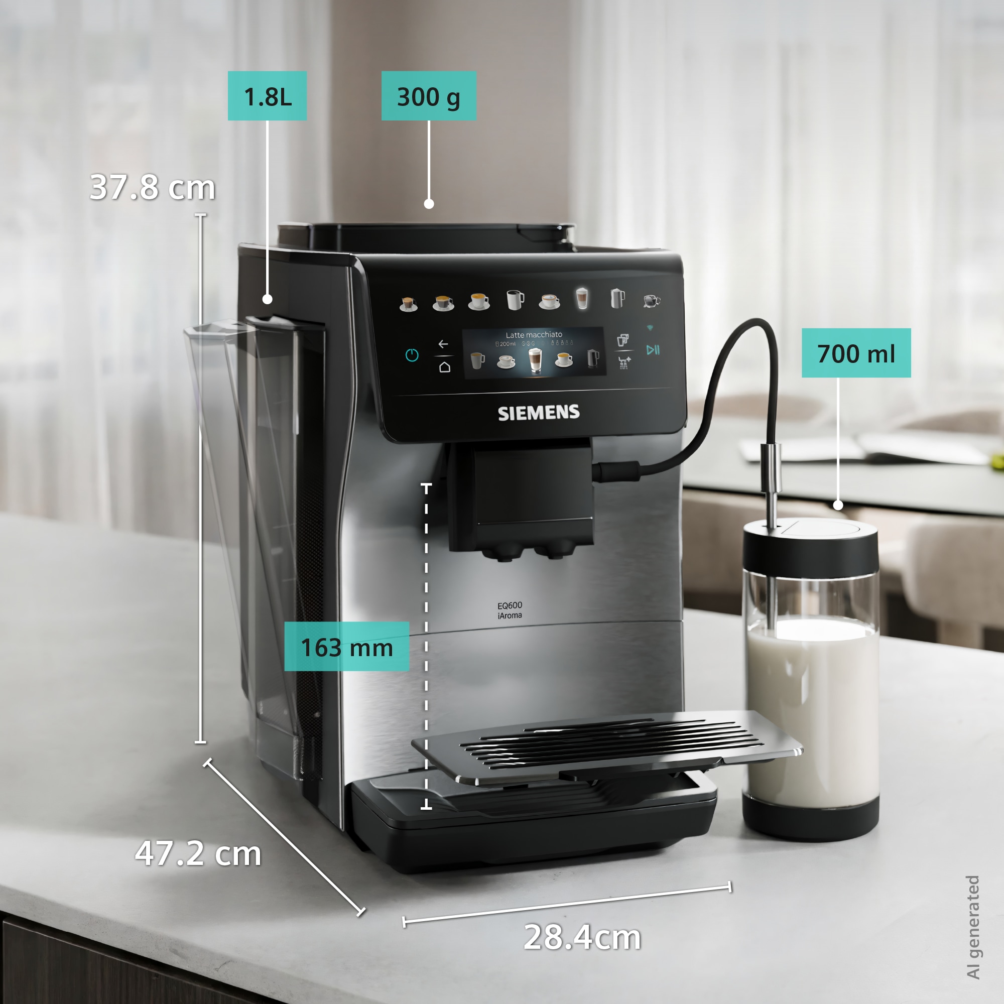 SIEMENS Kaffeevollautomat »EQ600 TP605EM3, 8 Getränke, XL-Getränke, bis zu 480ml, Kannenfunktion« bis zu 10 Favoriten, Doppeltassenfunktion, Keramikmahlwerk, Edelstahl