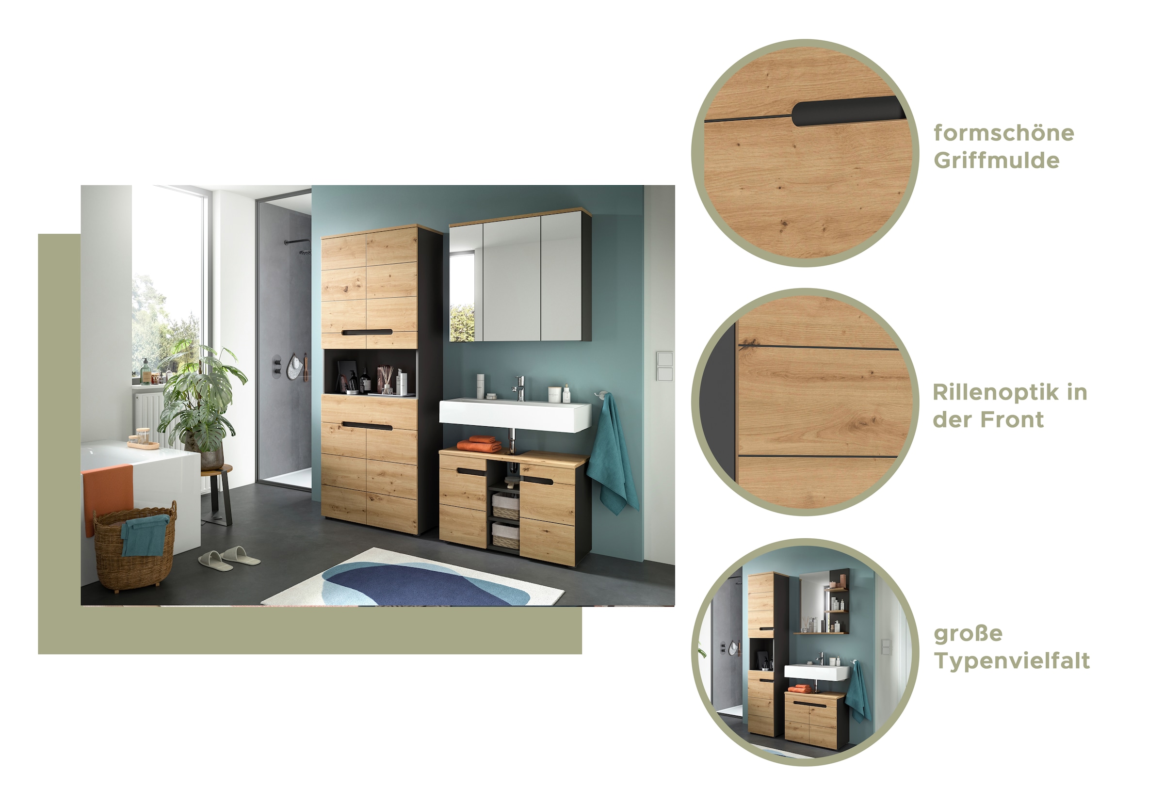 INOSIGN Spiegelschrank »REHAT, Breite 80 cm, 3 Spiegeltüren, 6 Einlegeböden«, Türanschlag der mittleren Tür wechselbar, Grifflose Spiegelfront