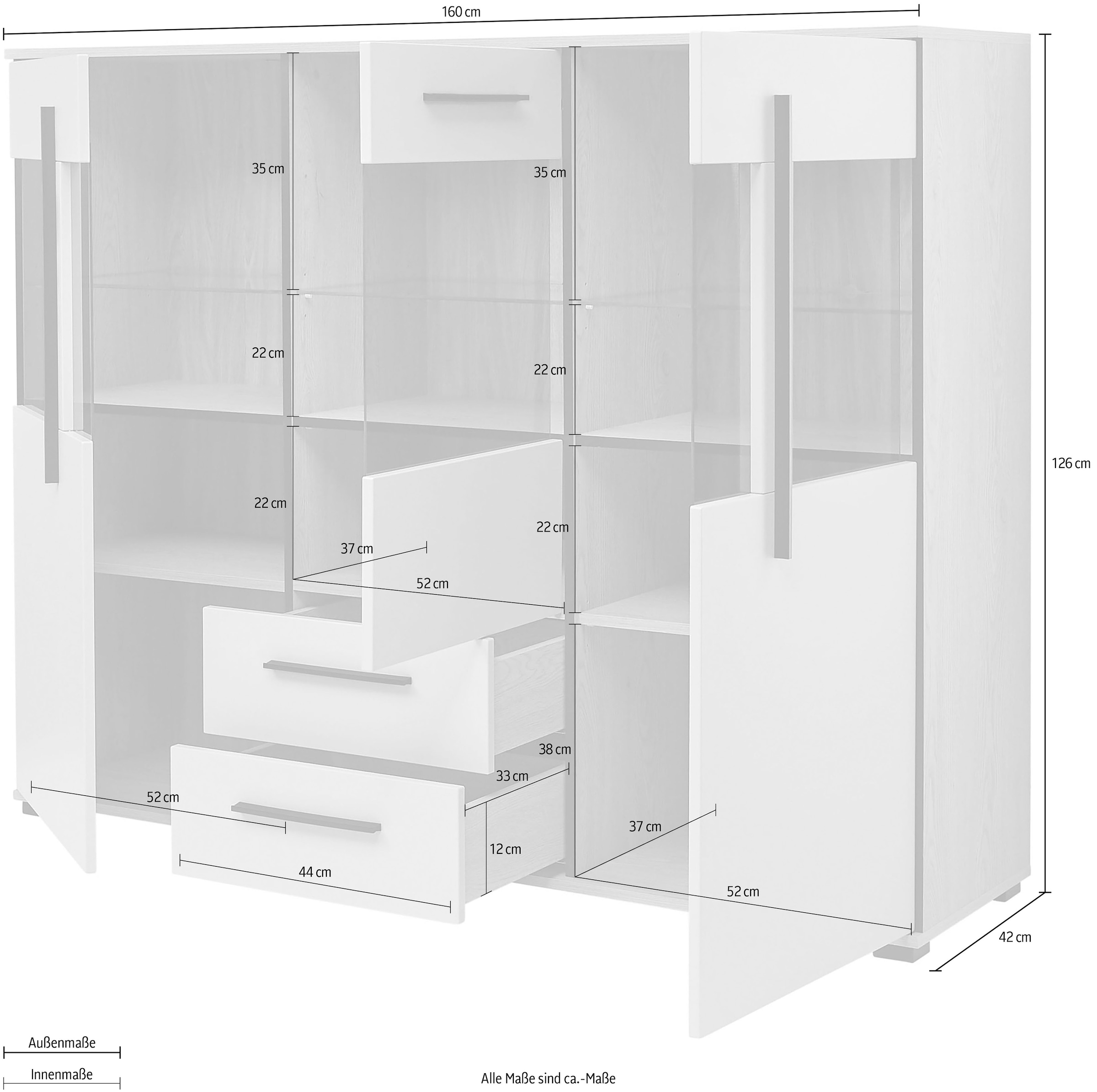 Home affaire Highboard »Cantara, moderner Schrank, Vitrine in Eiche Dekor, Weiß oder Kaschmir« schwarze Stangengriffe, ausreichend Stauraum, vielseitig einsetzbar