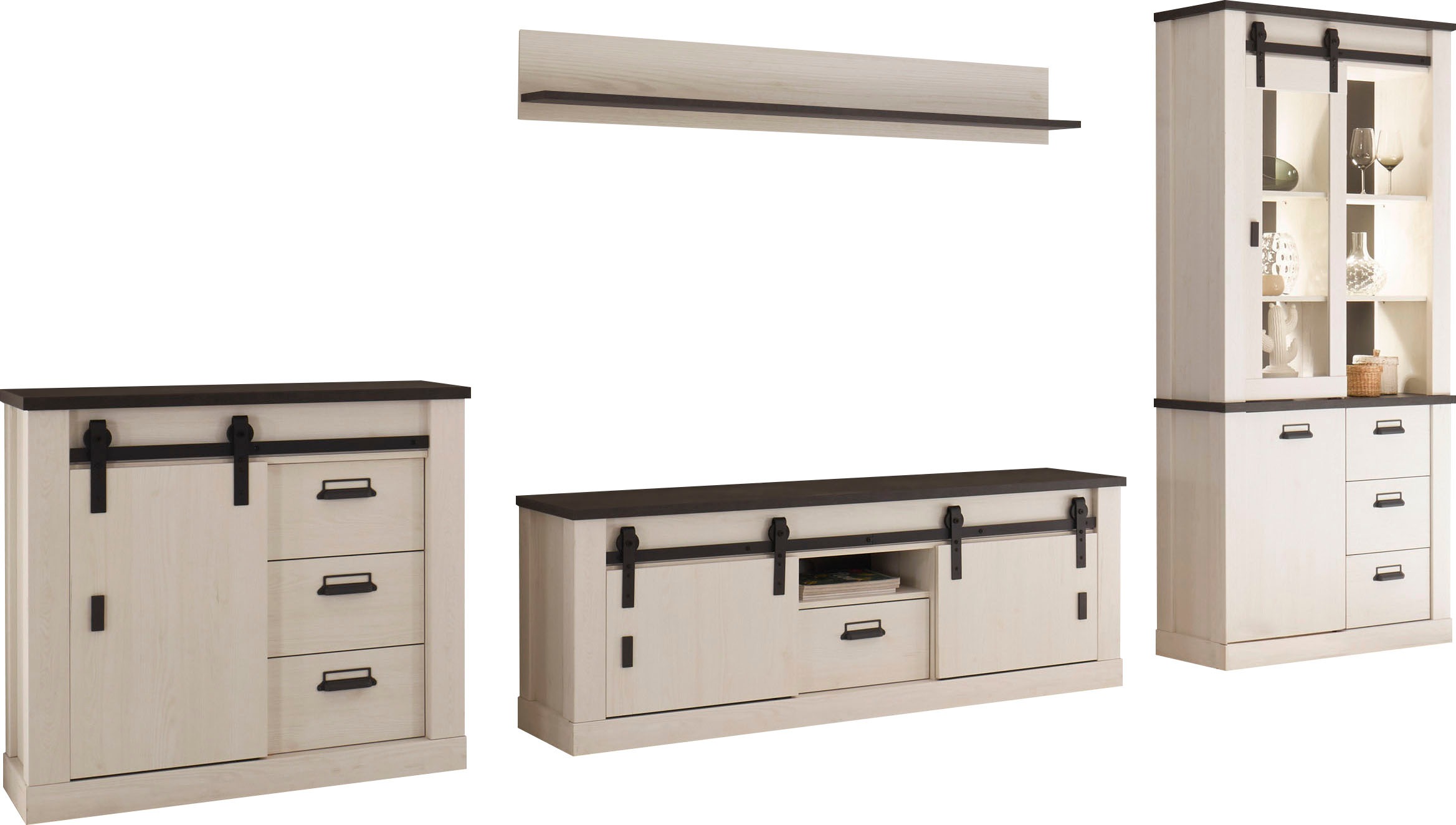 Home affaire Wohnwand "Sherwood, Anbauwand im Industrial-Style, Komplettset, Wohnzimmer-Set" 4 Stk. tlg.