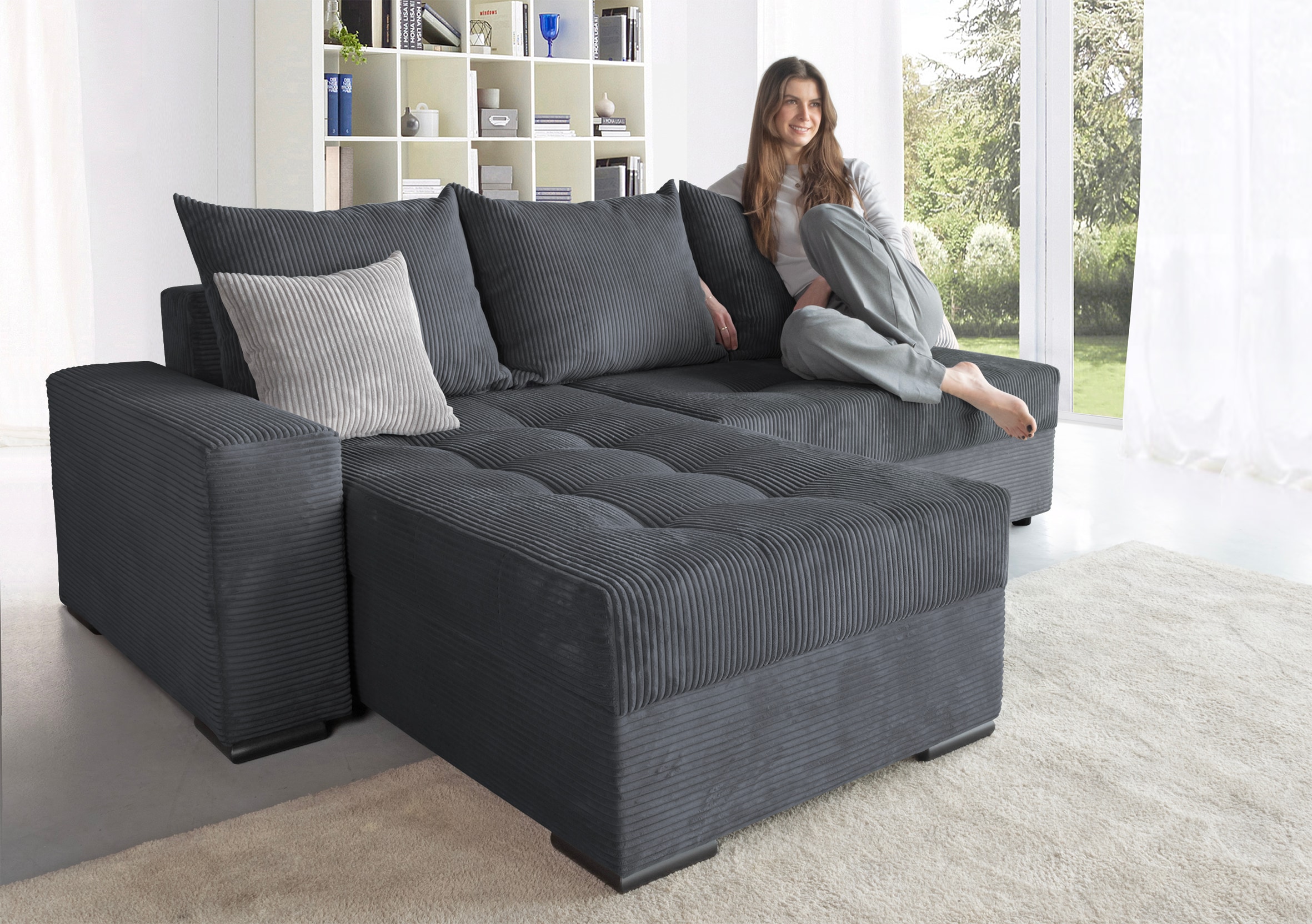 COLLECTION AB "Josy L-Form, B: 214 cm in Cord, Cord-Mix" Schlaffunktion, Bettkasten & 2 Zierkissen, Federkern