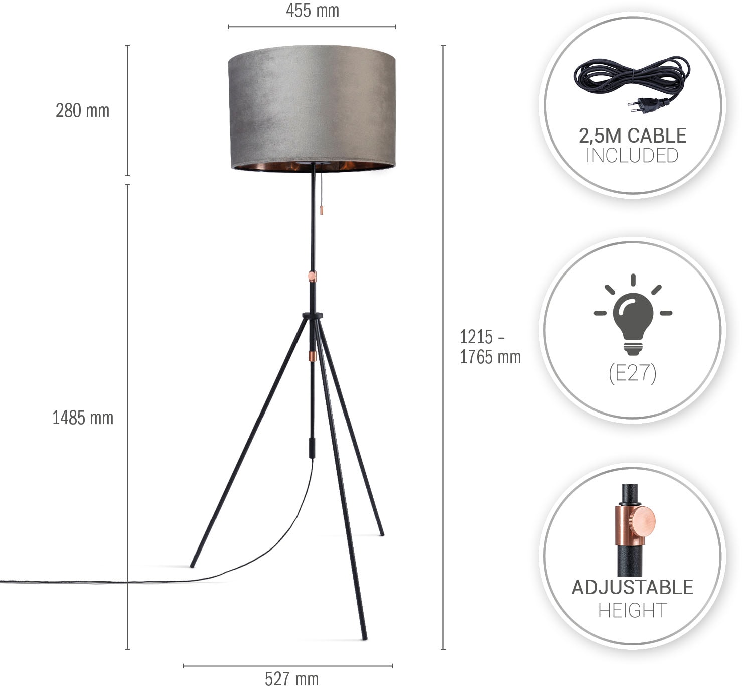 Paco Home Stehlampe »Naomi uni Color«, Leuchtmittel E27 | ohne Leuchtmittel, Wohnzimmer Höhenverstellbar 121,5 bis 176,5 cm Zugschalter Velour
