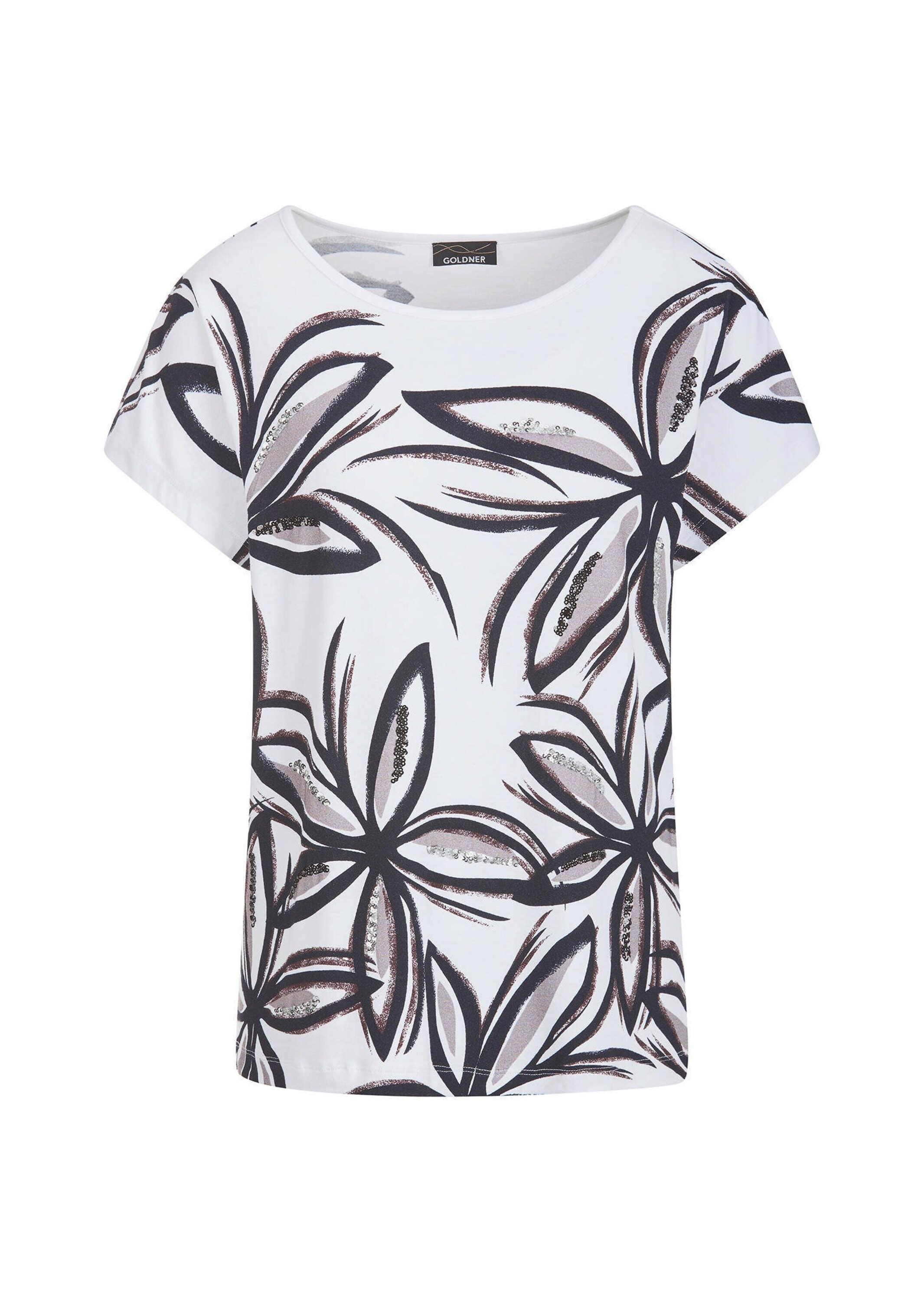 GOLDNER Kurzarmshirt "Kurzgröße Paillettenshirt mit Blumenmuster" Paillettenstickerei auf dem Vorderteil