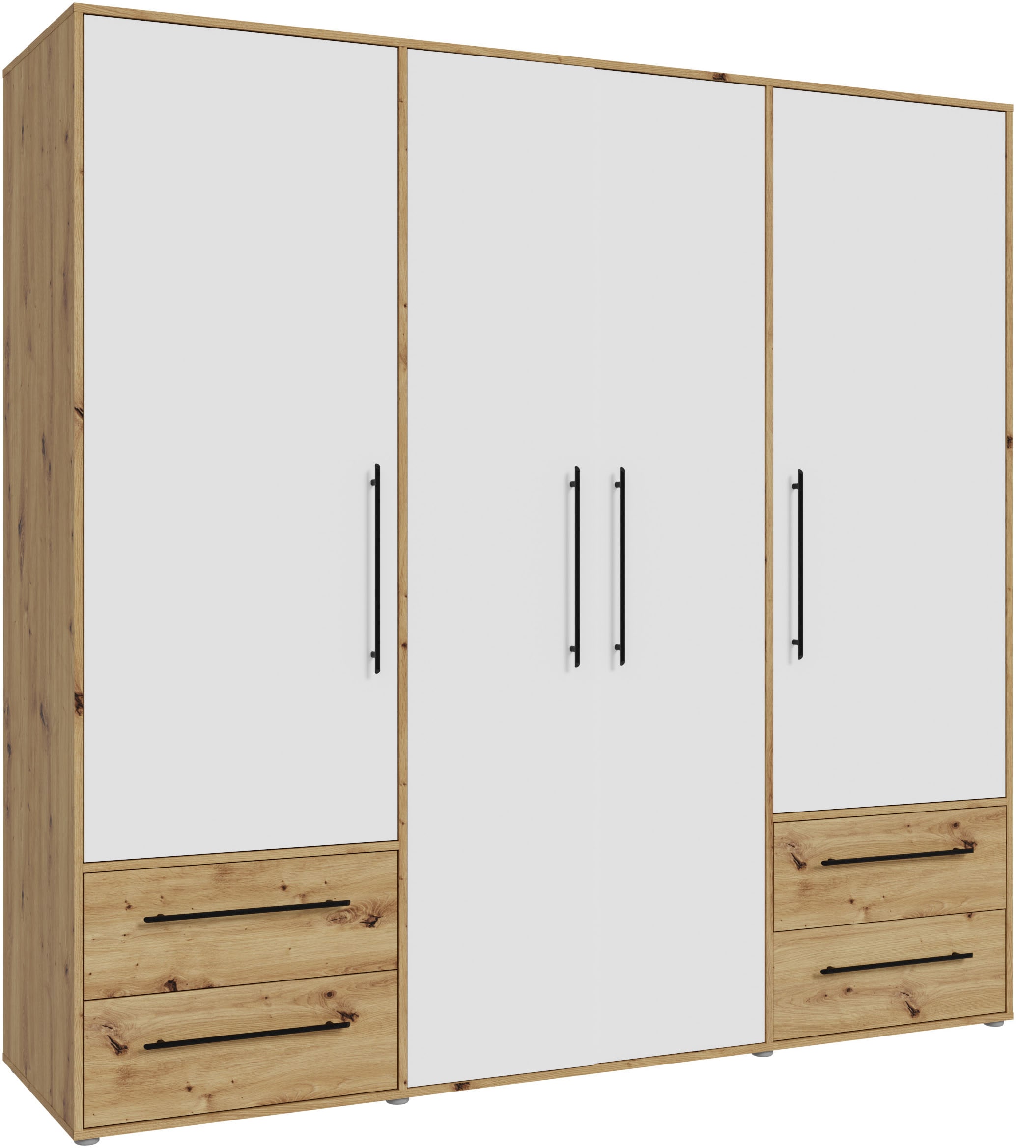 FORTE Kleiderschrank "Mokkaris, Garderobe, zeitloses Design, 4 Türen, Made in Europe" B/H/T ca. 206x200x59cm, 4 Schubladen + schwarze Stangengriffe, Made in Europe, viel Stauraum