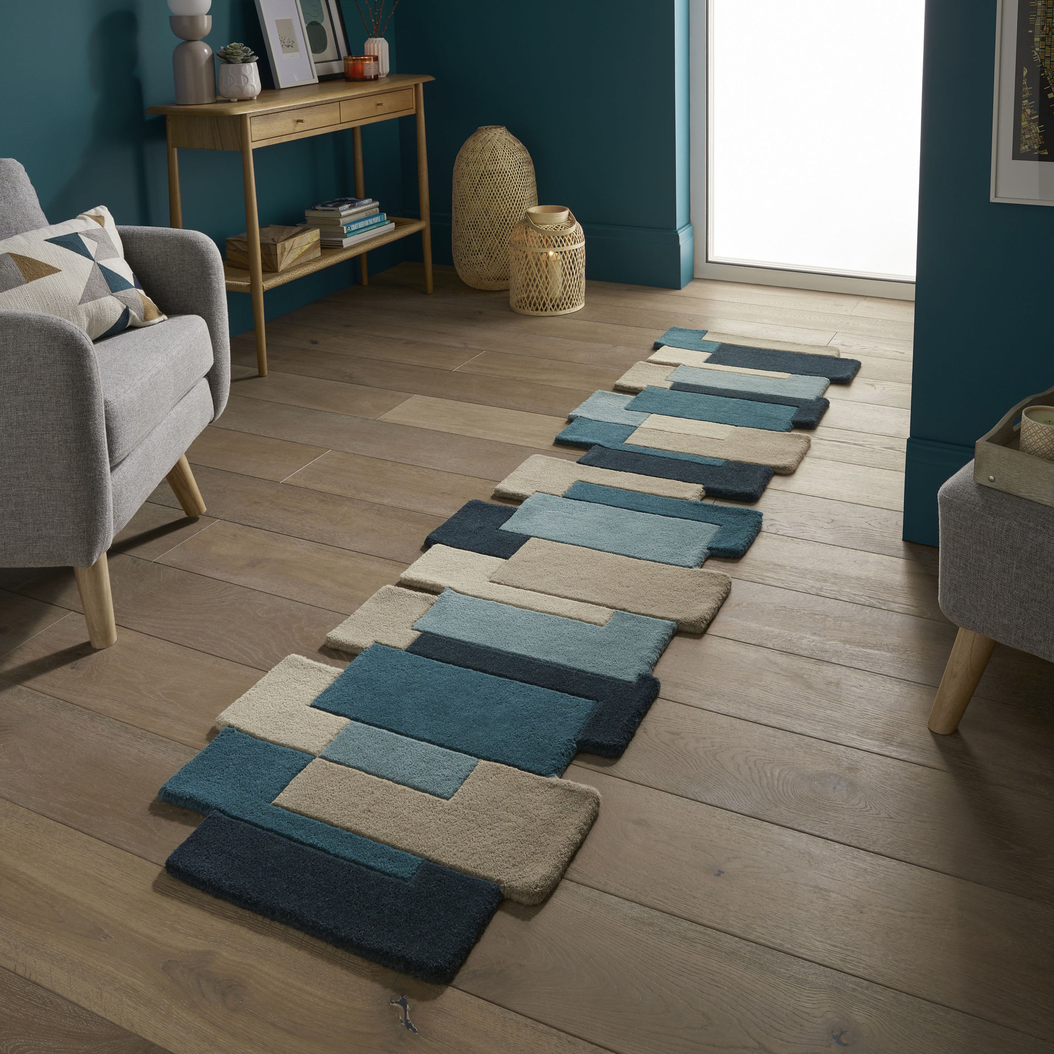FLAIR RUGS Läufer "Abstract Collage, 100% Wolle, Karo Design," rechteckig 11 mm Höhe Patchwork, modern, mehrfarbig, Läufer, Wohnzimmer, Flur, Schlafzimmer
