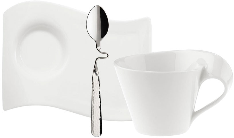 Villeroy & Boch Cappuccinotasse »New Wave Cafè«, (Set, 3 tlg., 1 Cappuccino-Obertasse-1 Kaffeeuntertasse-1 Kaffeelöffel), Made in Germany, inkl. Edelstahllöffel zum Einhängen