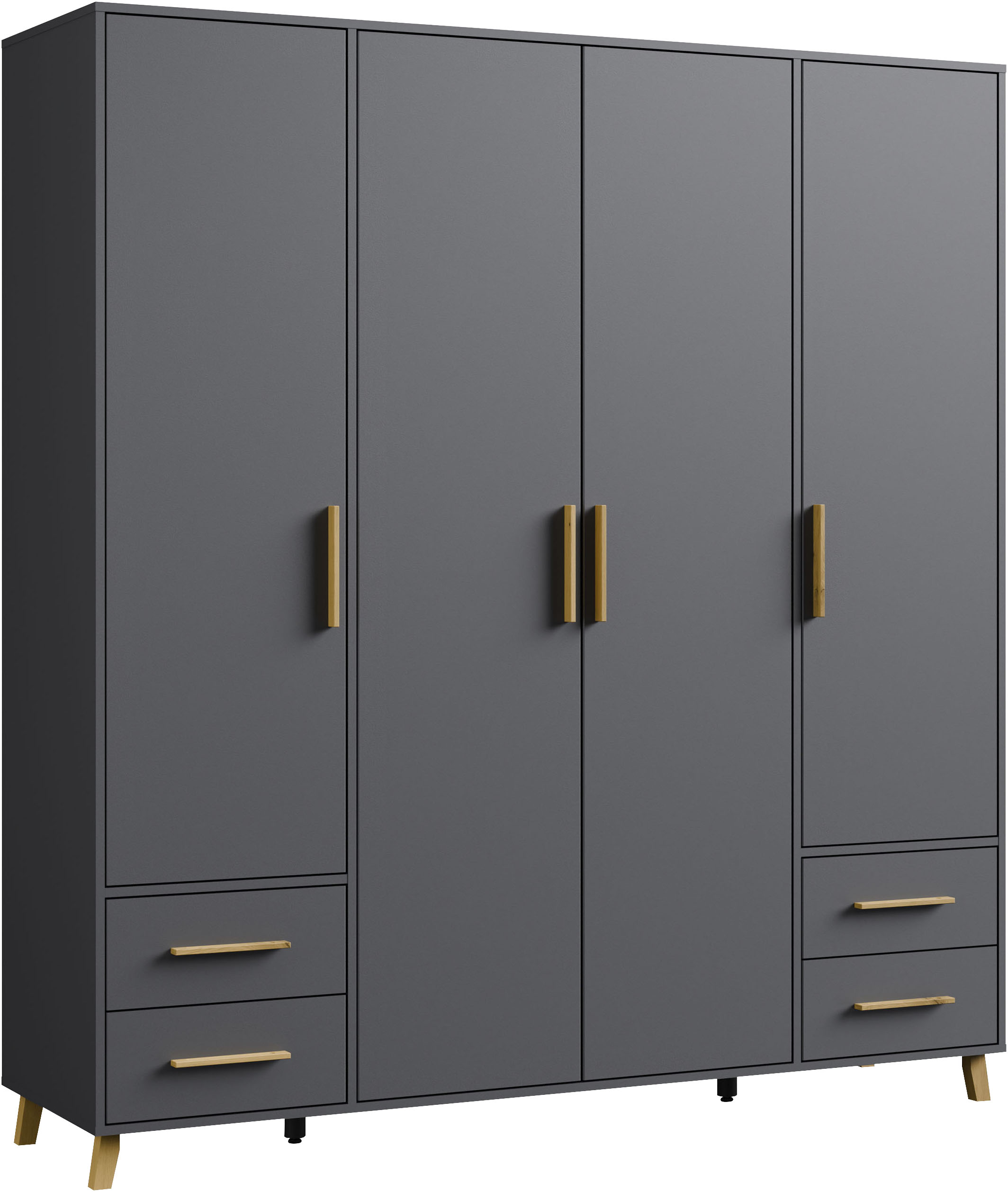 rauch "Kleiderschrank Schrank Garderobe SHINJO Breiten 93/140/187 cm" in 3 verschiedenen Ausstattungen BASIC/CLASSIC/PREMIUM, Griffe und Füße aus Massivholz mit 2 Schubladen MADE IN GERMANY