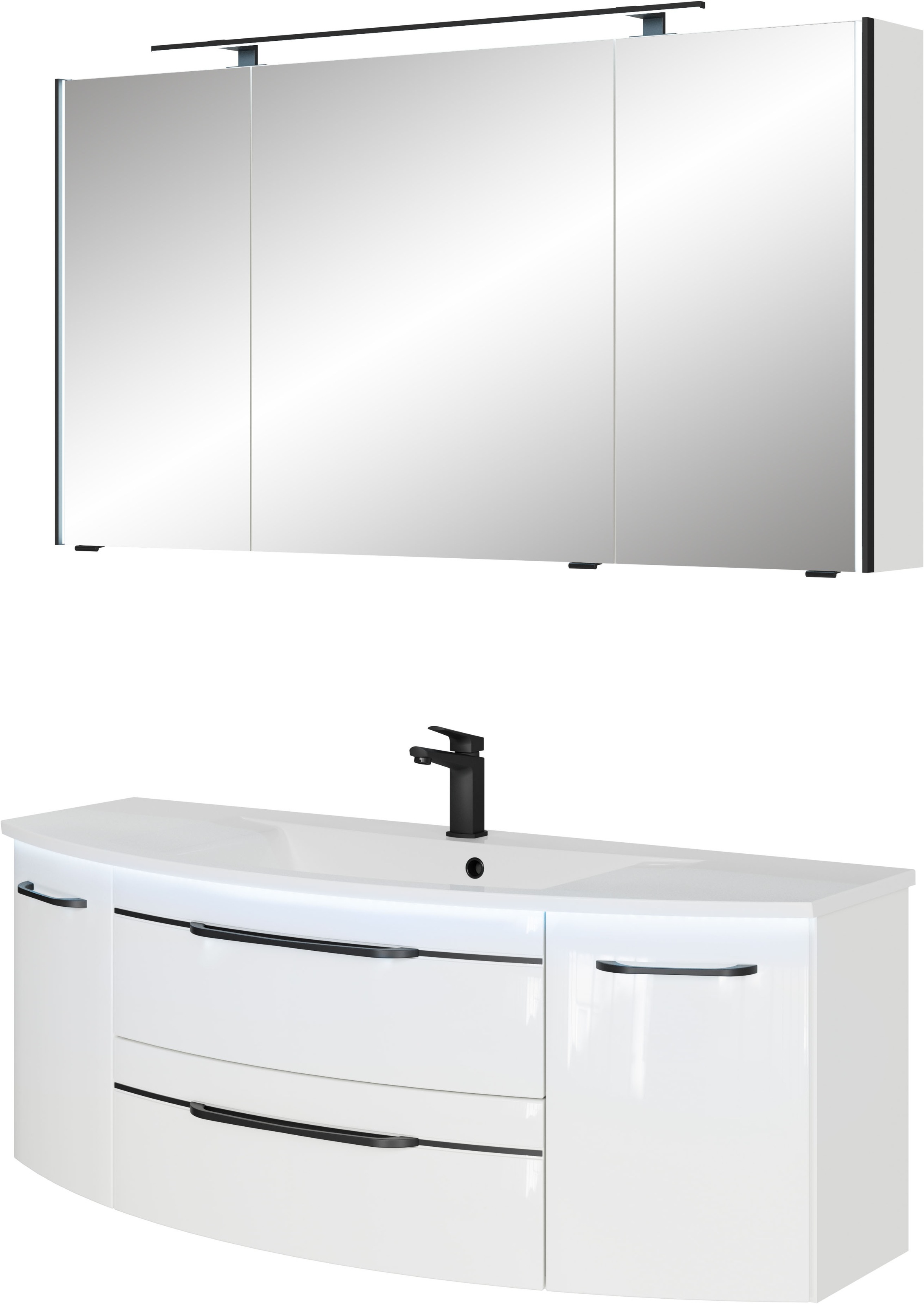 Saphir Badmöbel-Set »Serie 7045 2-teilig Mineralmarmor-Waschtisch mit LED-Spiegelschrank«, (Set, 2 St.), Badezimmer-Set 133,2 cm breit, inkl. Türdämpfer, 5 Türen, 2 Schubladen