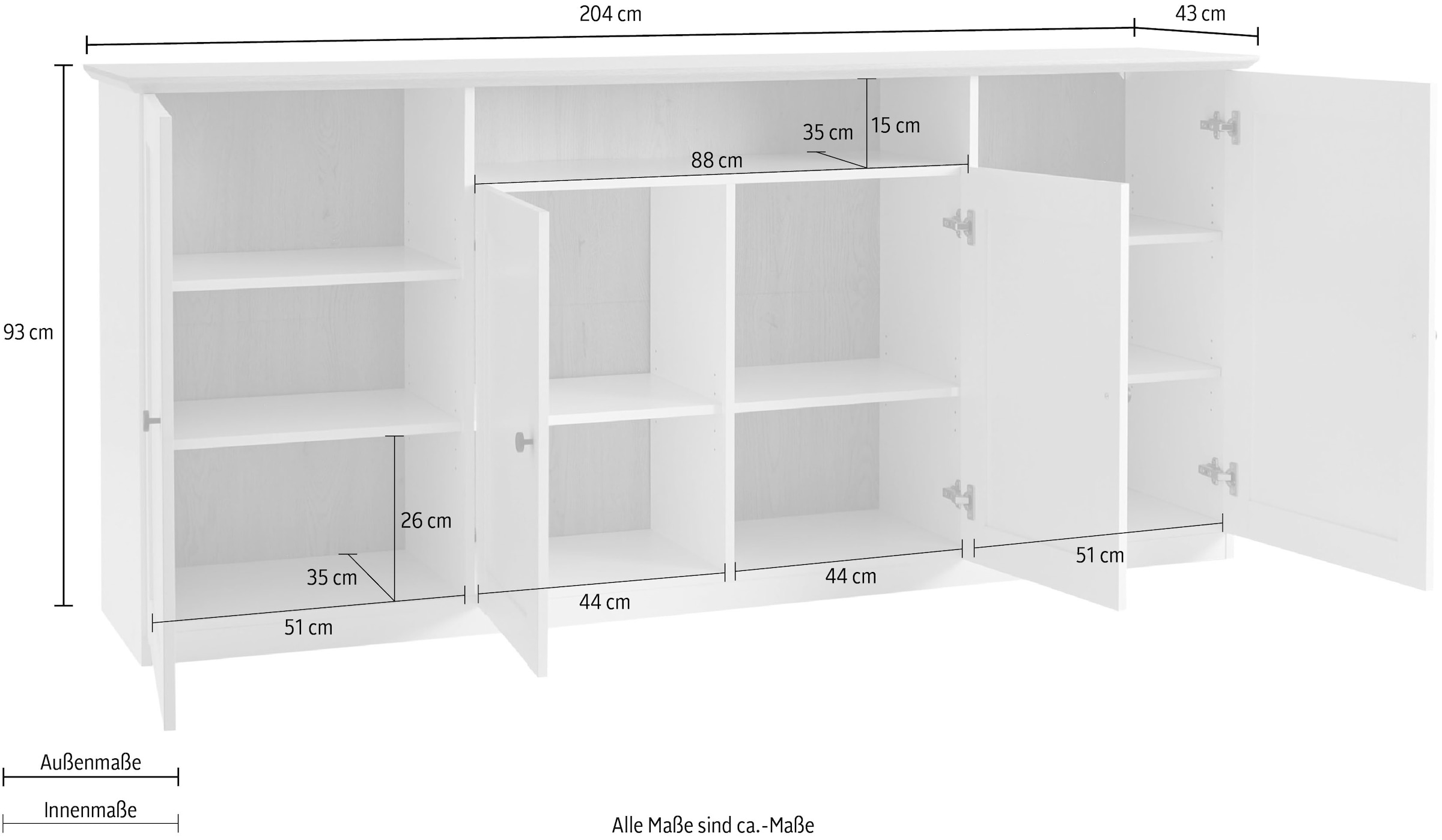 OTTO home Sideboard »Brest, Schrank im Landhausstil, Kommode, zeitloses Stauraumelement« schwarze Metallgriffe, ausreichend Stauraum, 204 cm breit