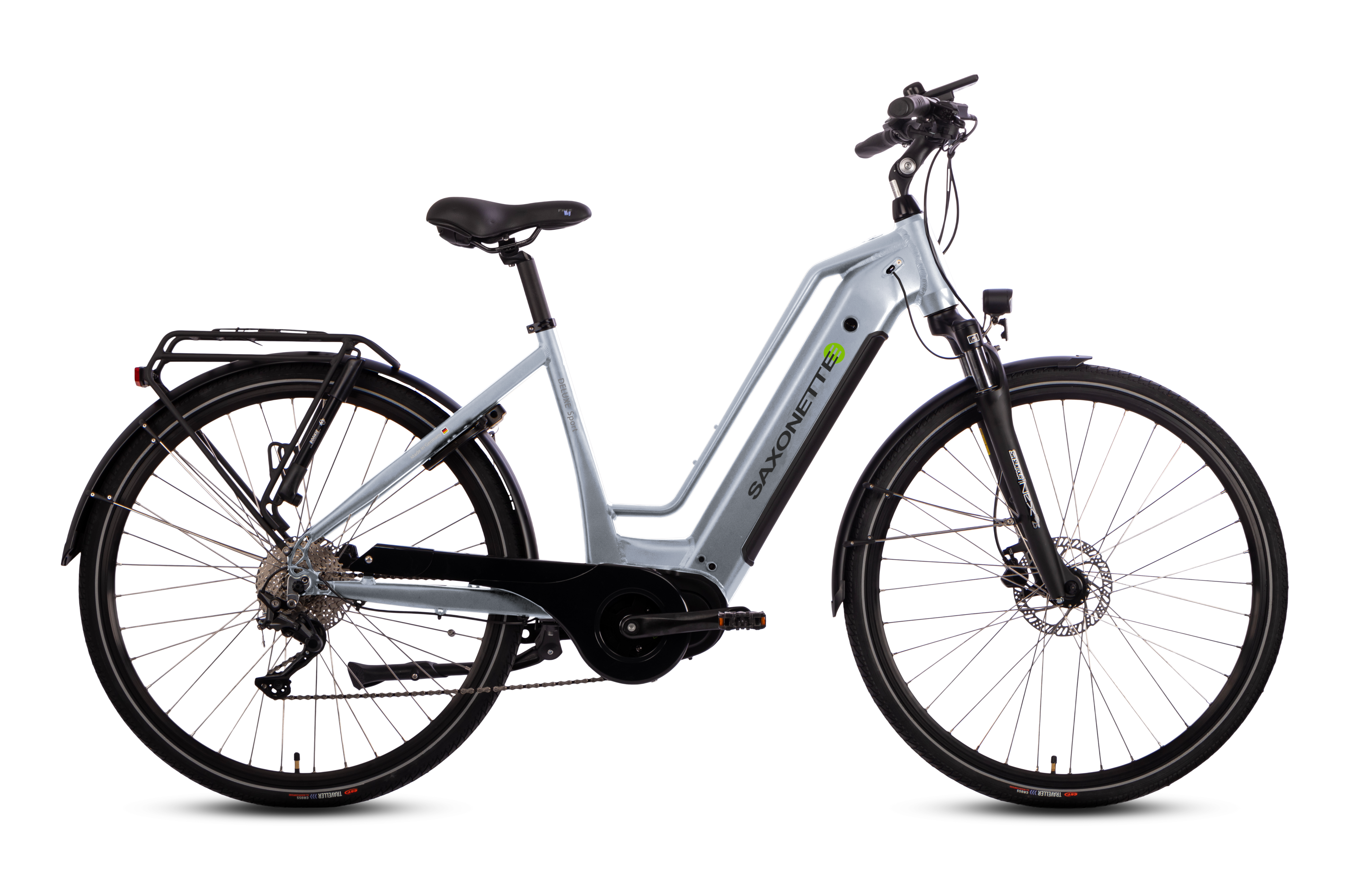 SAXONETTE "Deluxe Sport TRAPEZ" 9 Gang Shimano Alivio Schaltwerk Kettenschaltung Mittelmotor 250 W (mit integr. Akku), Elektrofahrrad für Alltag und Einkauf