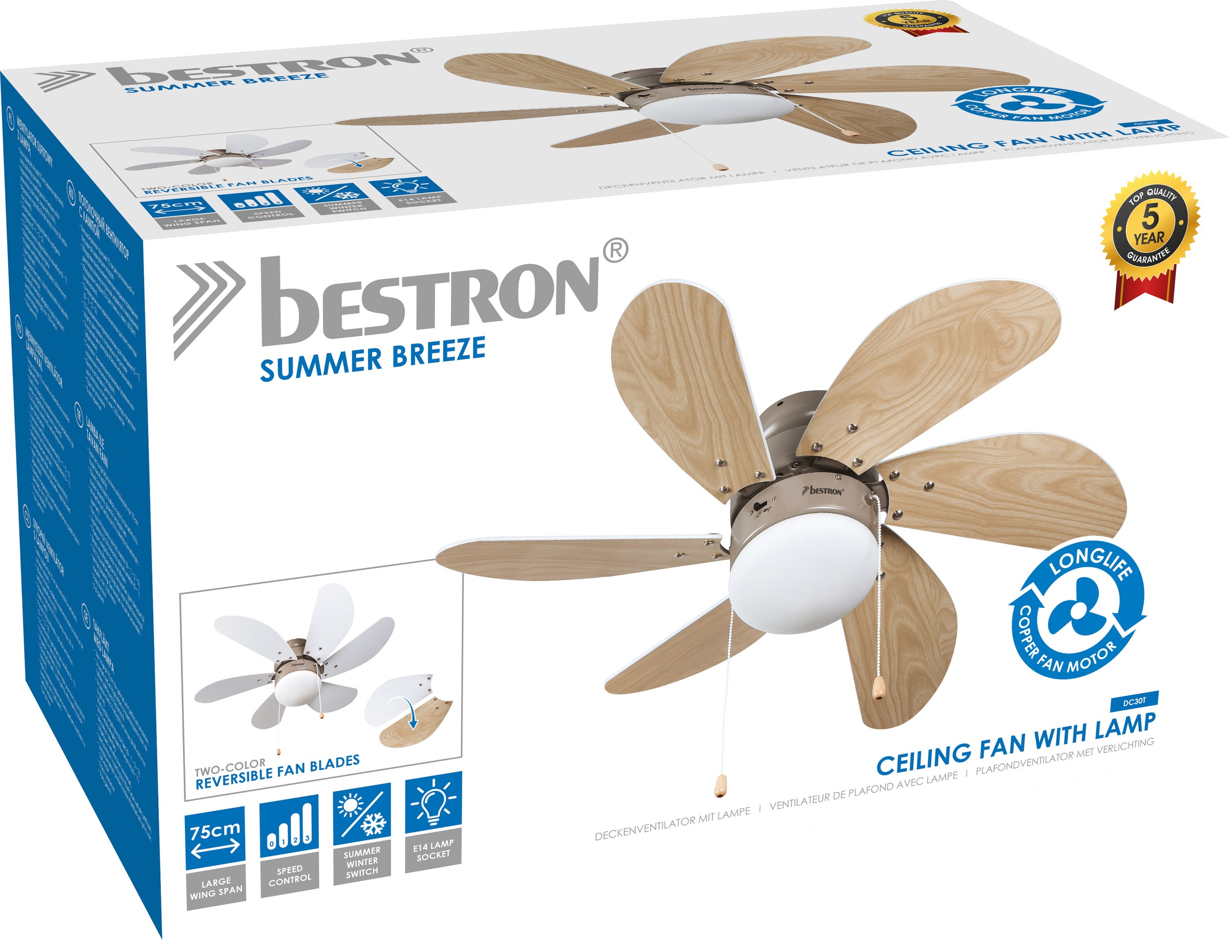 bestron Deckenventilator »DC30T«, Beleuchtung, Flügelspannweite Ø75 cm, Sommer-/Winterfunktion, 50 W