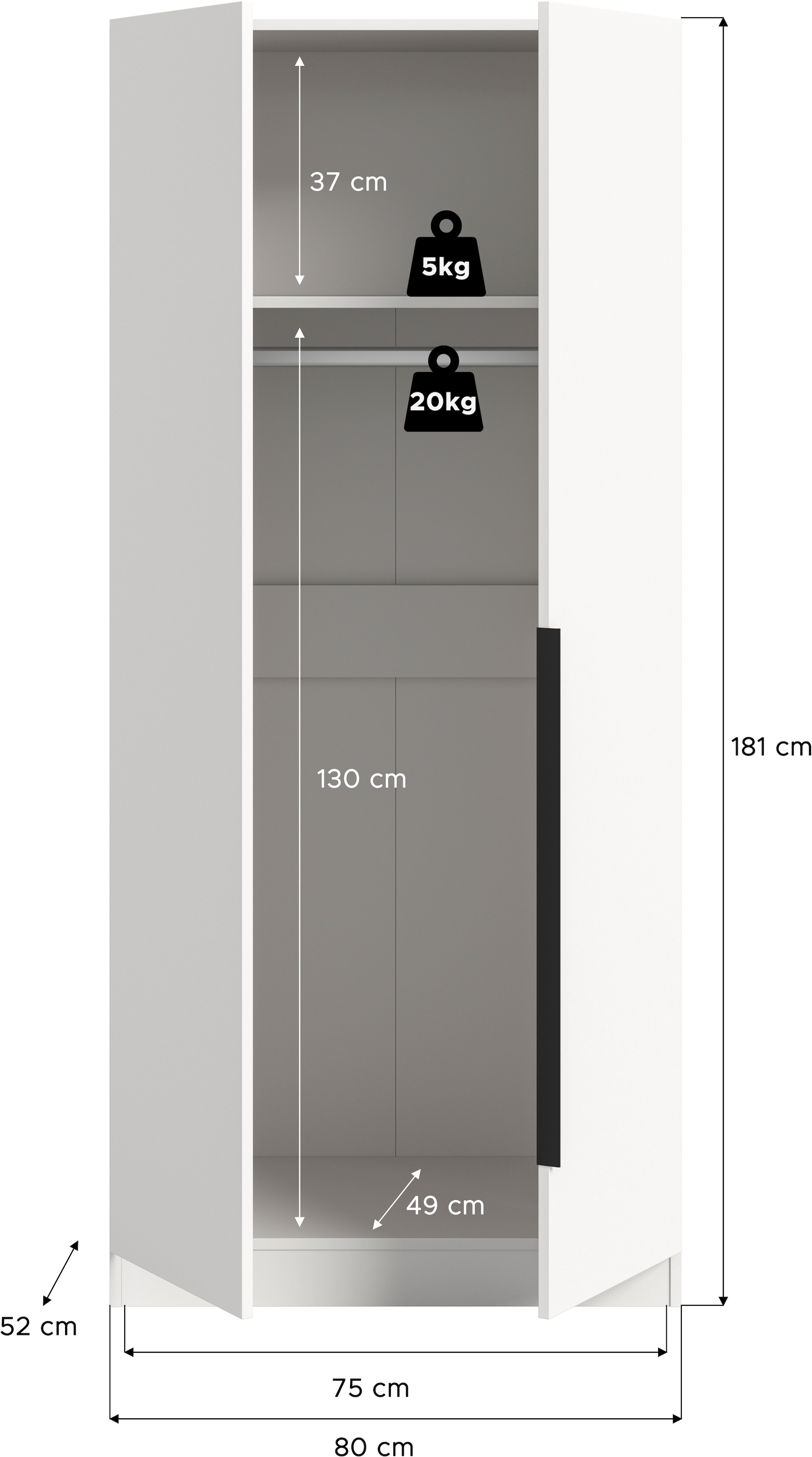Home affaire Kleiderschrank »Skarde Schlafzimmerschrank, Garderobe, Schrank, Bestseller«, (Otto Bestseller Garderobe Schlafzimmerschrank), Breite: 80 cm, weiß, Kleiderstange, Einlegeboden