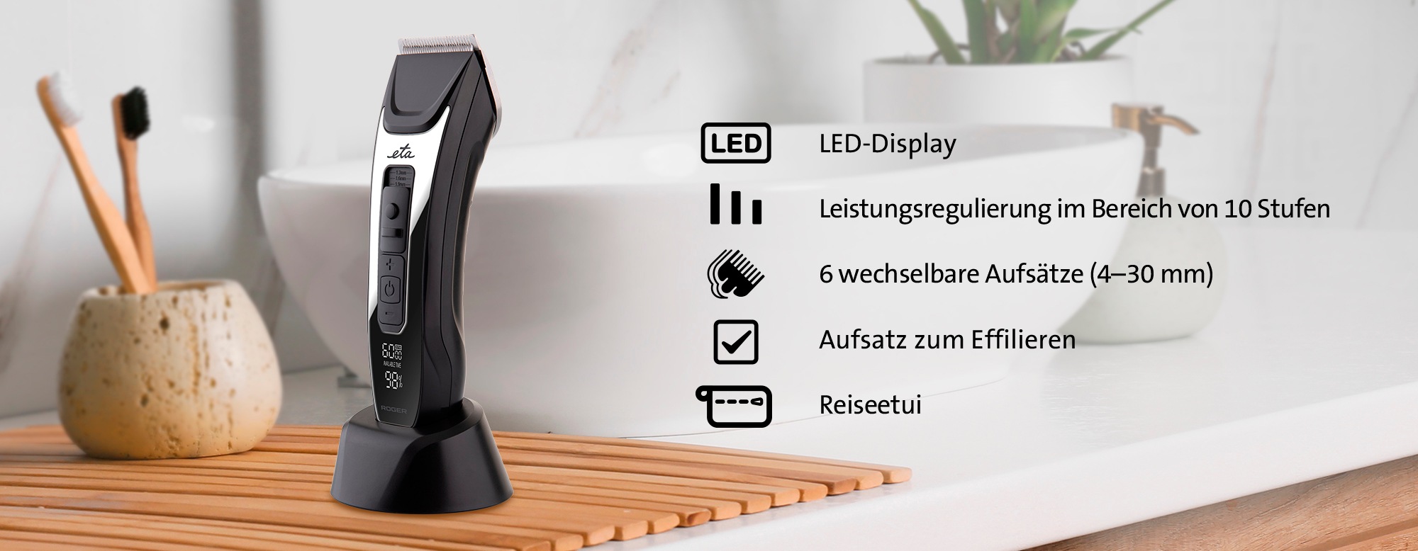 eta Haar- und Bartschneider »Roger ETA934590000«, 7 Aufsätze, incl. Aufsatz zum Effilieren, 6 Aufsätze (4 - 30 mm)