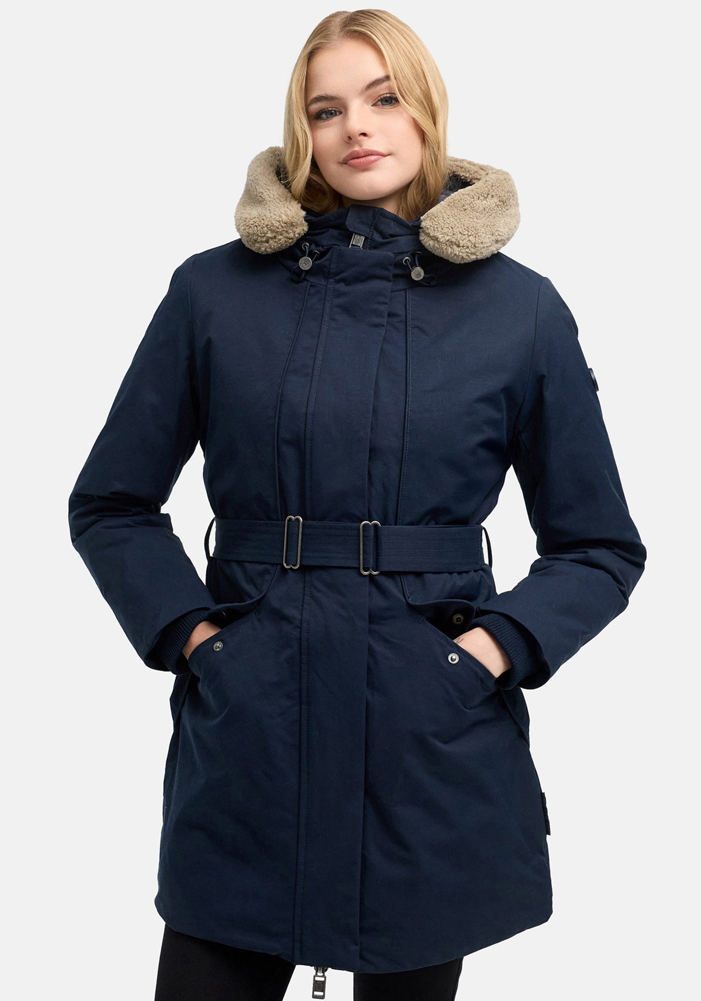 Marikoo "Calistaa" mit Kapuze Warmer Damen Wintermantel mit Taillengürtel und hohem Kragen
