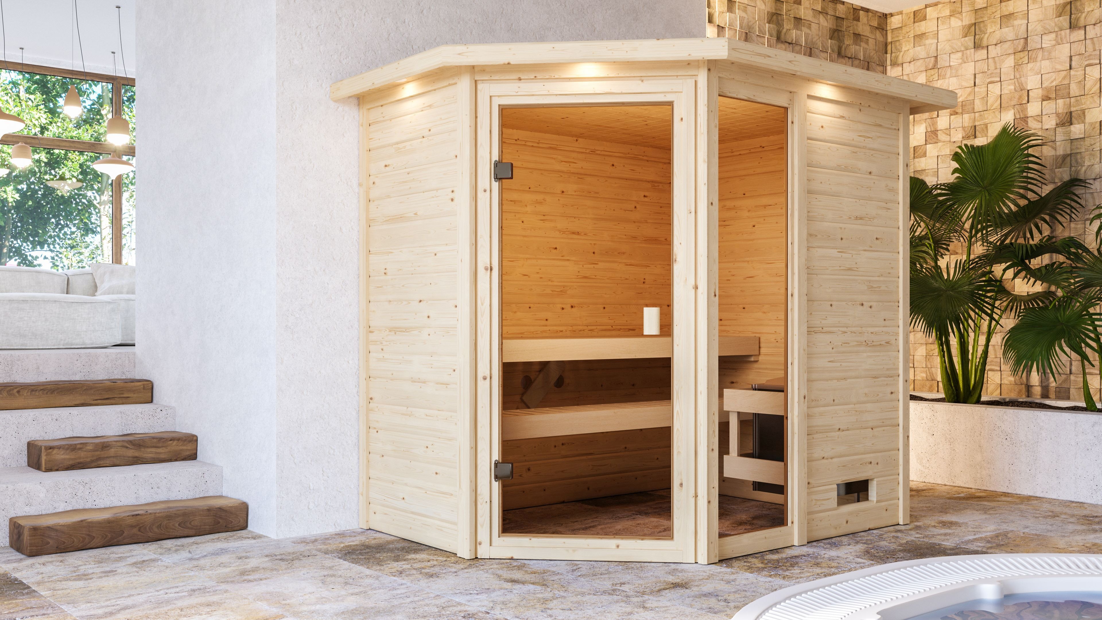 Karibu Sauna ""Josie" mit bronzierter Tür und Kranz, naturbelassen" aus hochwertiger nordischer Fichte