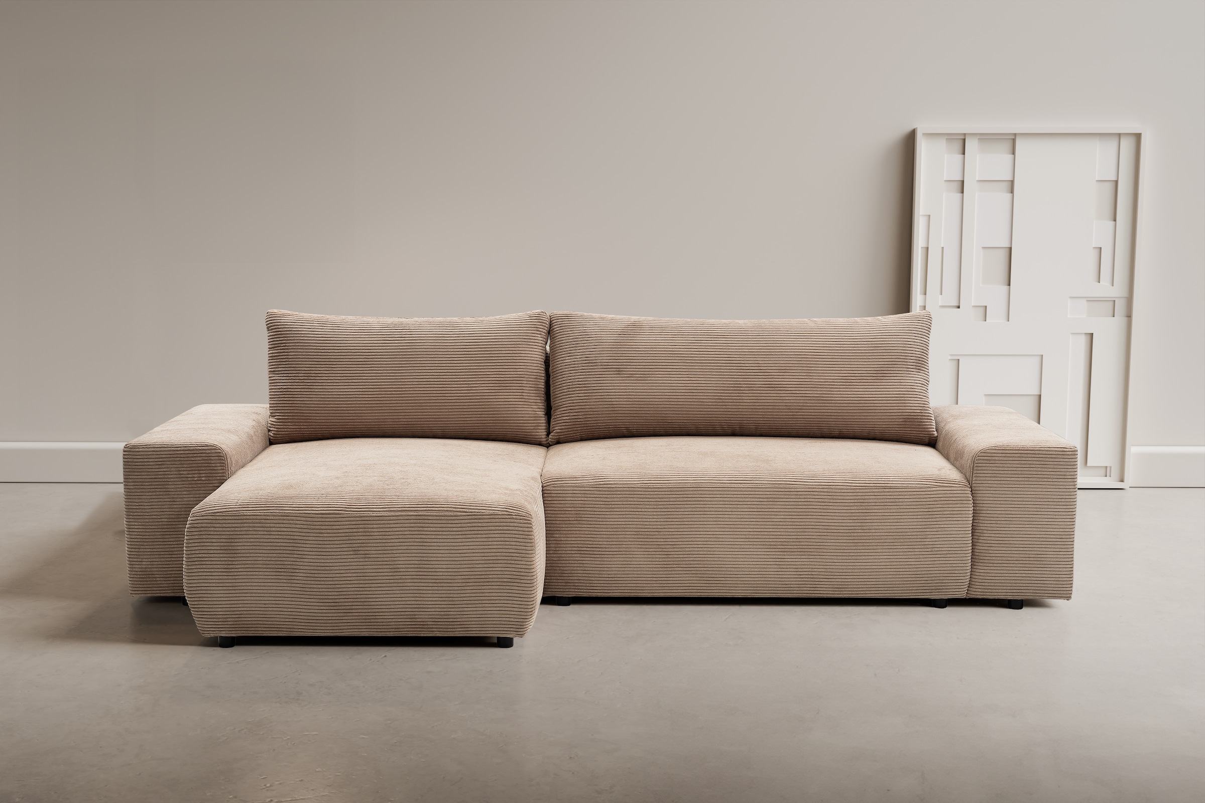 WERK2 Ecksofa "Amsterdam 300 x 150 cm modern und bequem" Cord, L-Form, XXL, Schlaffunktion, Bettkasten