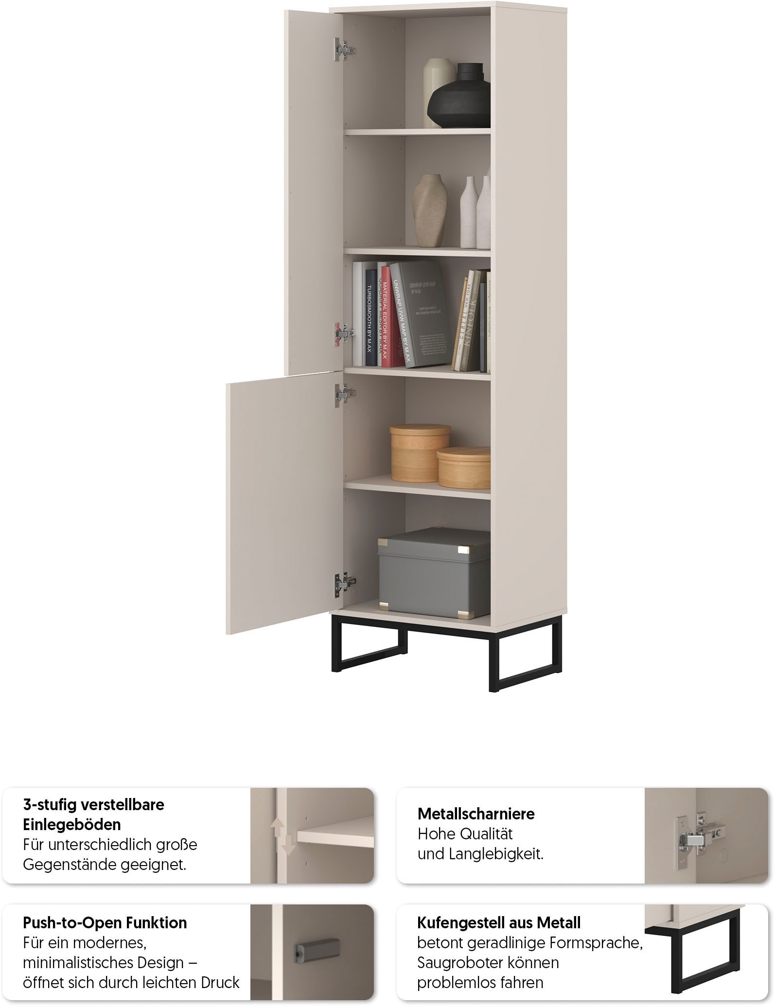 OTTO home Vitrine »Loft, Höhe 180 cm, moderne grifflose Standvitrine mit 2 Türen« Hochschrank mit viel Stauraum, verstellbaren Einlegeböden, Regal