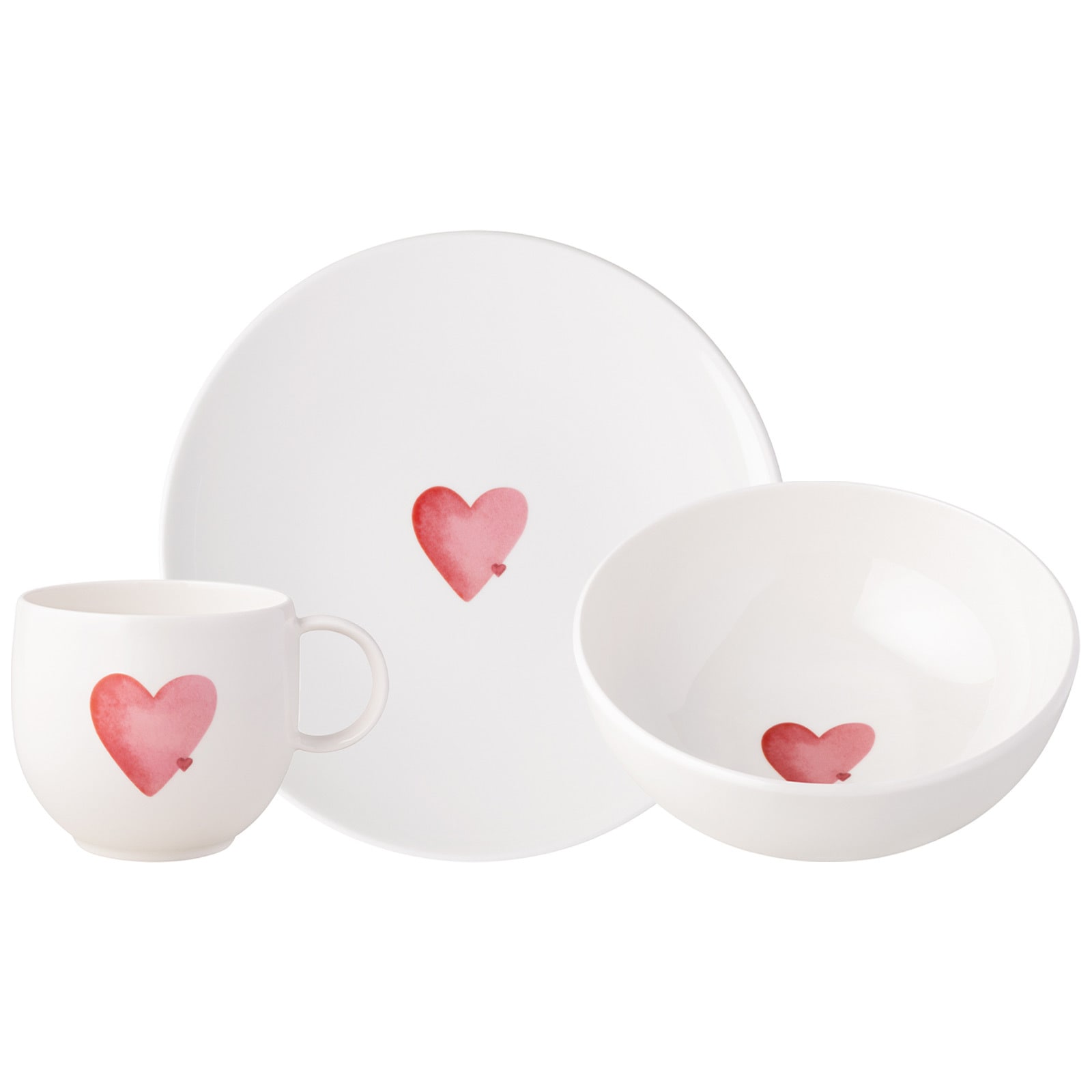 Villeroy & Boch Geschirr-Set "Frühstücksset Sending Love With Love 3er Set weiß-rot" Spülmaschinengeeignet, Mikrowellengeeignet