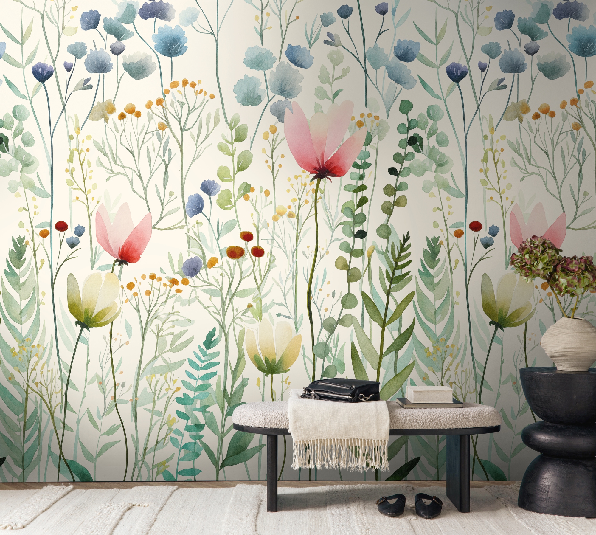living walls Fototapete »The Wall 4 Flowers – Blumenwiese mit Blätterranken Vlies-Fototapete« botanisch | floral | matt leicht strukturiert Blumenwiese mit Blätterranken – natürlicher Tiefenwirkung