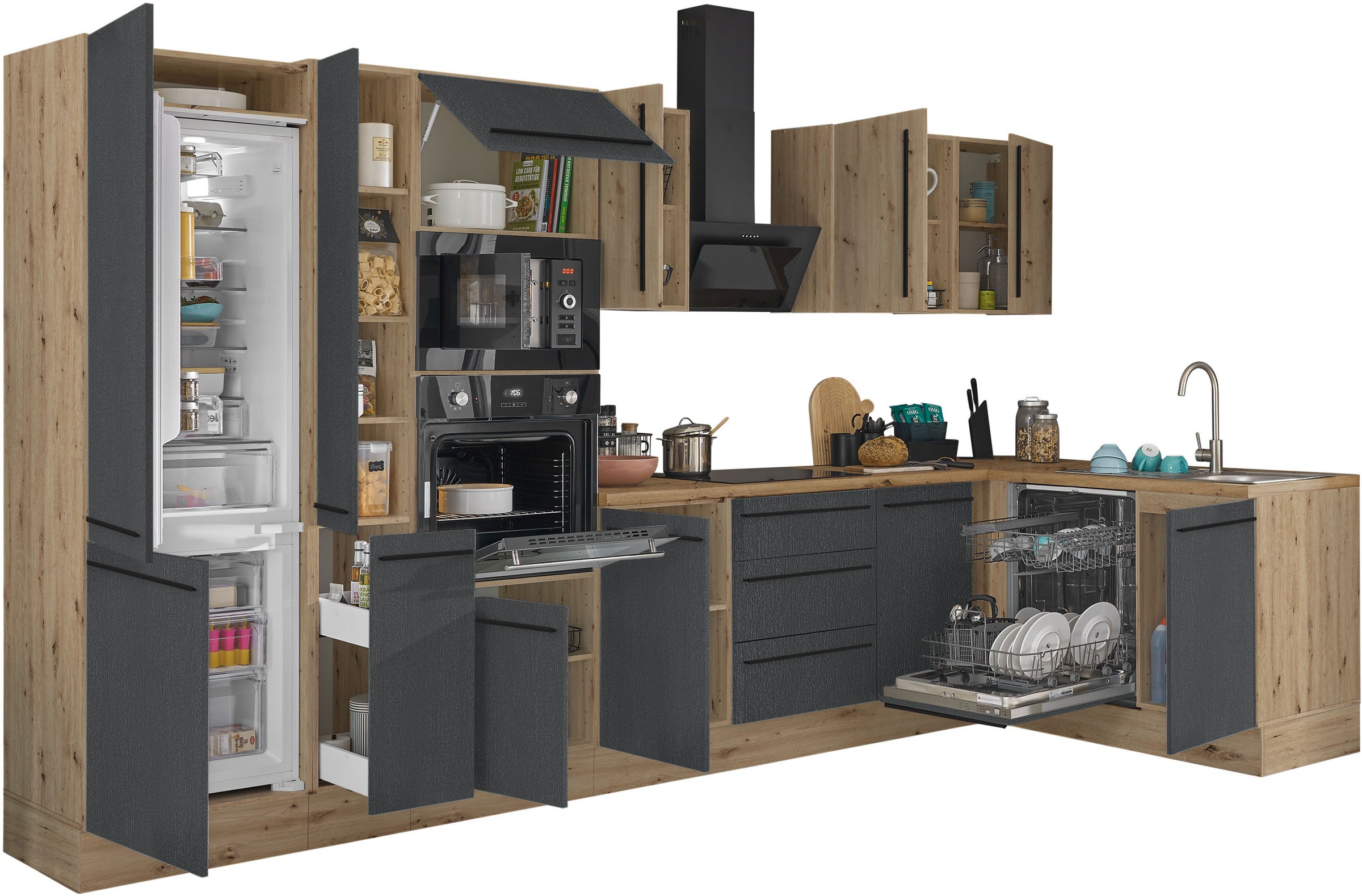 KOCHSTATION Winkelküche »Florida, Stellbreite 370x175 cm«, wahlweise mit E-Geräten, mit Softclose für Türen und Schubkästen