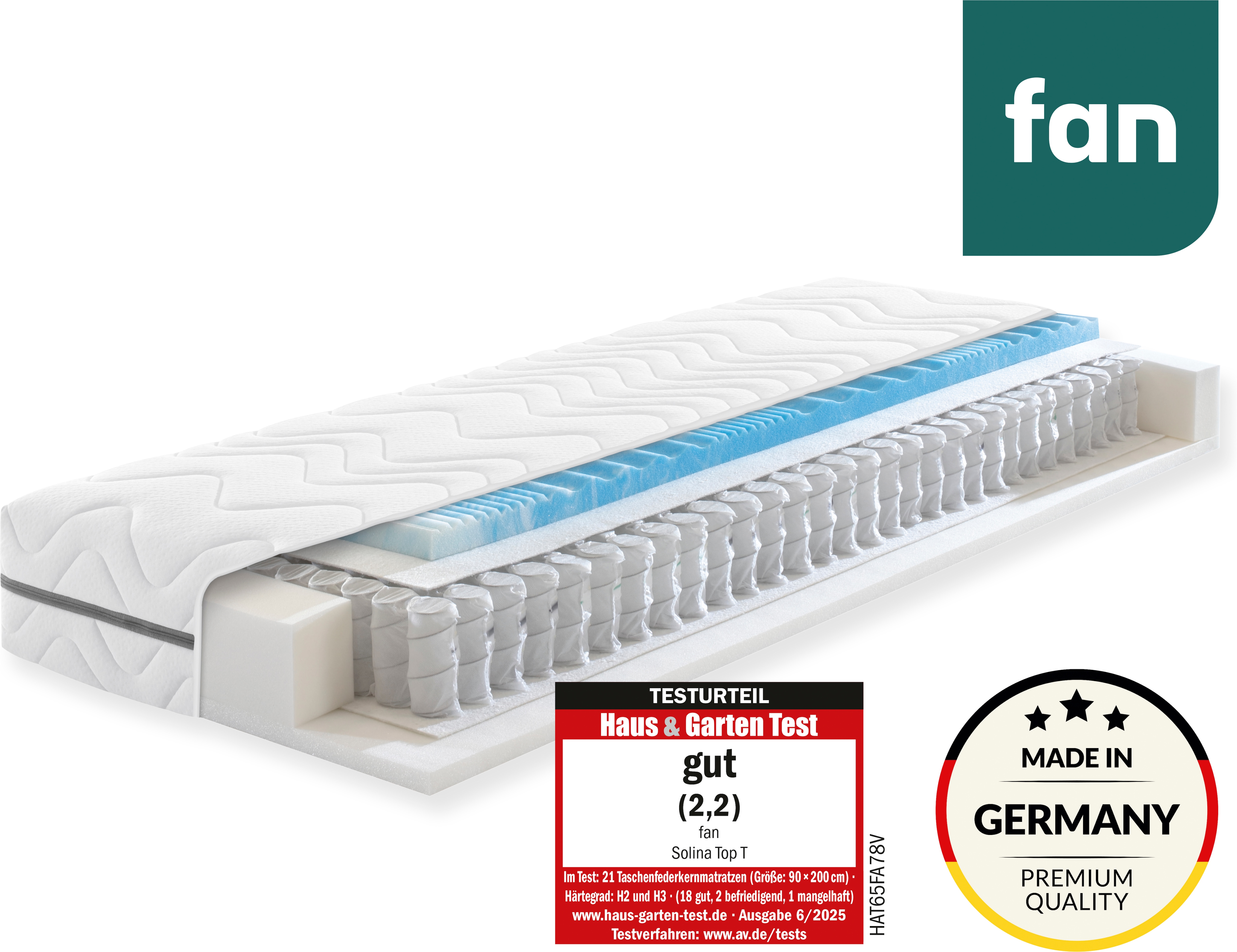 fan Taschenfederkernmatratze "Solina Top T, 90x200 & mehr, 7 Zonen Wendematratze in 2 Härten" 22 cm hoch 1-tlg., 1 Stk. tlg. Haus & Garten Test "GUT", getestet in Gr. 90x200, H2+H3